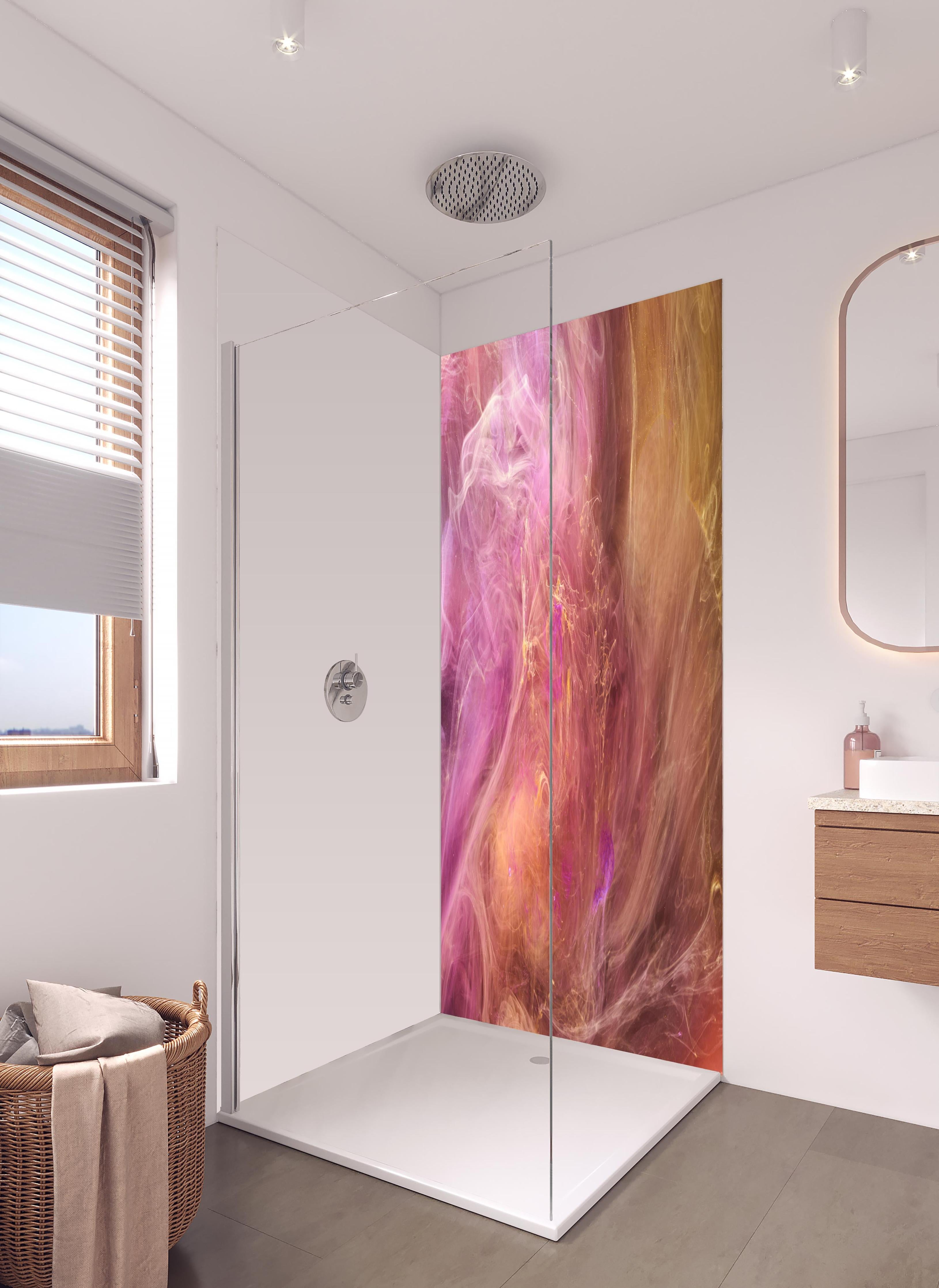 Duschrückwand - Abstraktes Muster -Flüssigkunst in hellem Badezimmer mit Regenduschkopf - zweiteilige Eck-Duschrückwand