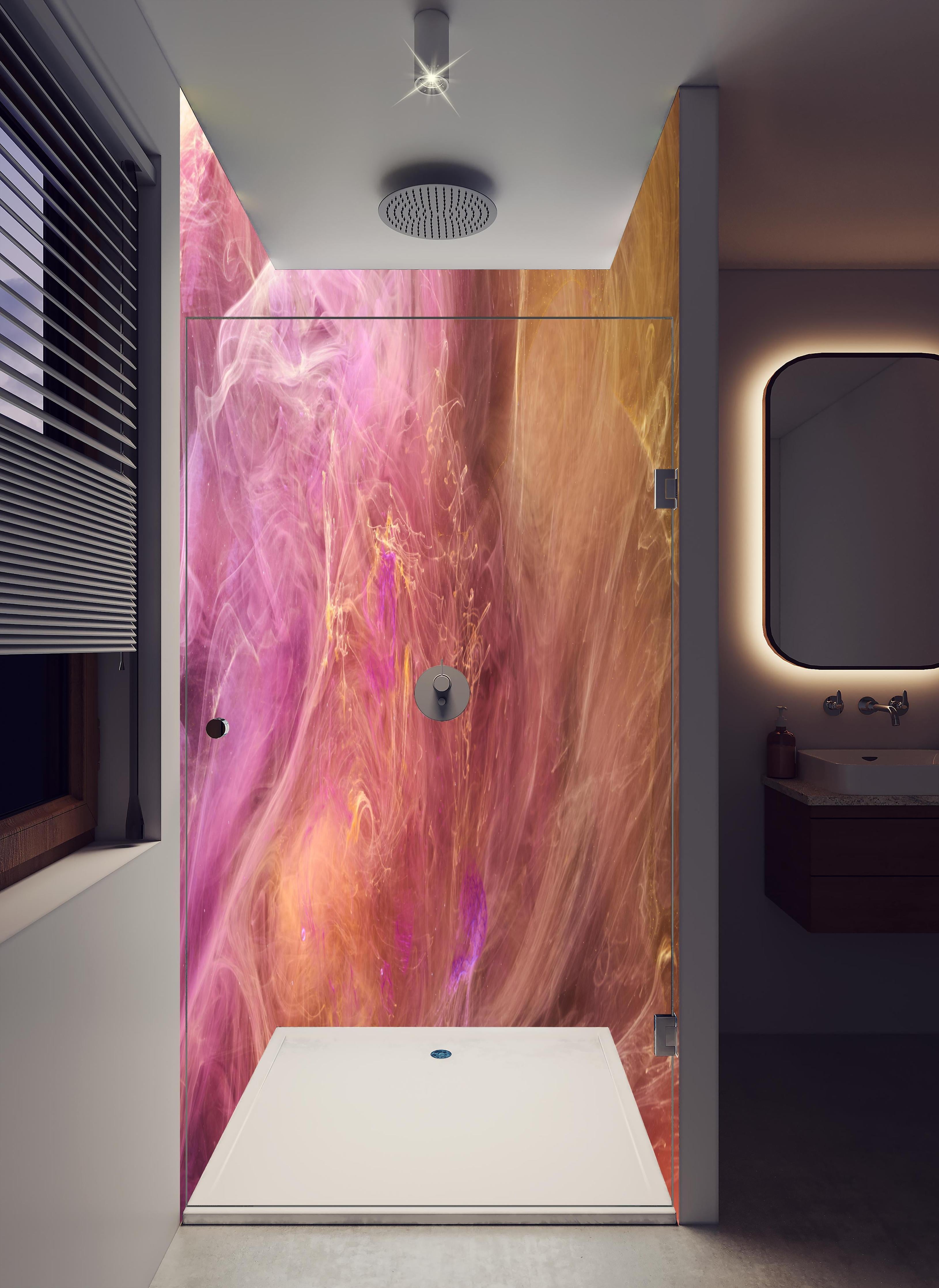 Duschrückwand - Abstraktes Muster -Flüssigkunst in hellem Badezimmer mit Regenduschkopf - zweiteilige Eck-Duschrückwand
