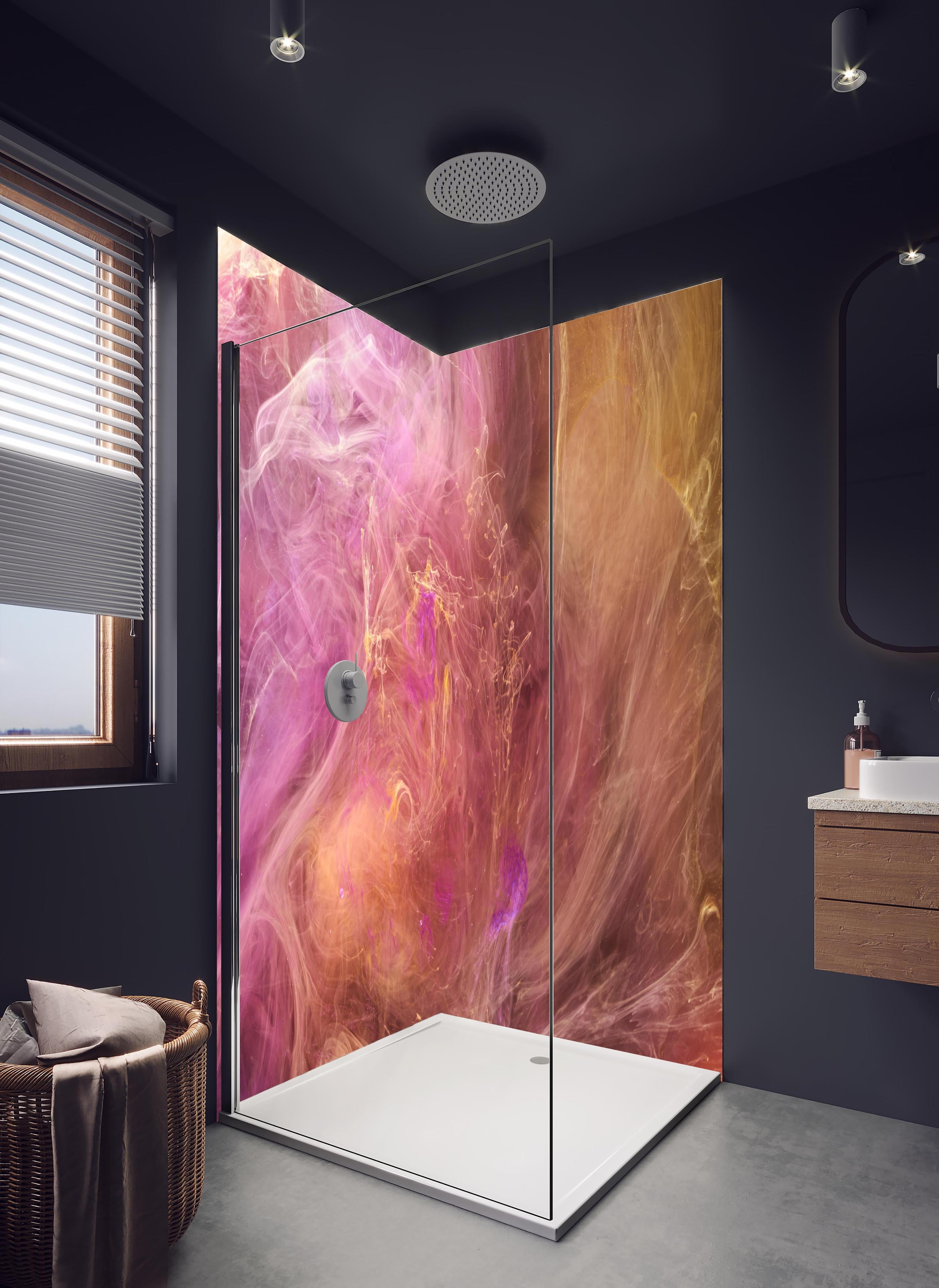 Duschrückwand - Abstraktes Muster -Flüssigkunst in hellem Badezimmer mit Regenduschkopf - zweiteilige Eck-Duschrückwand