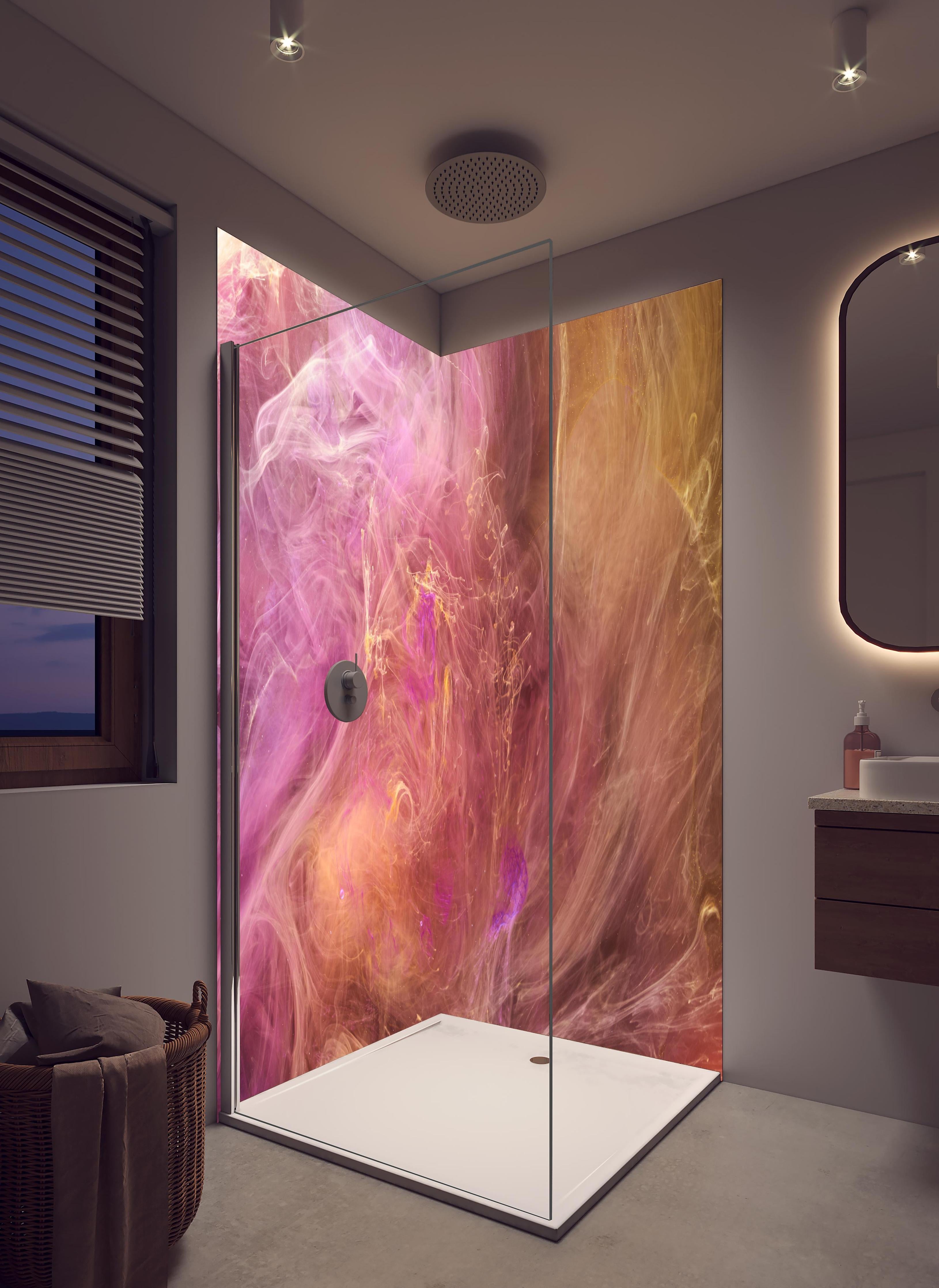 Duschrückwand - Abstraktes Muster -Flüssigkunst in hellem Badezimmer mit Regenduschkopf - zweiteilige Eck-Duschrückwand