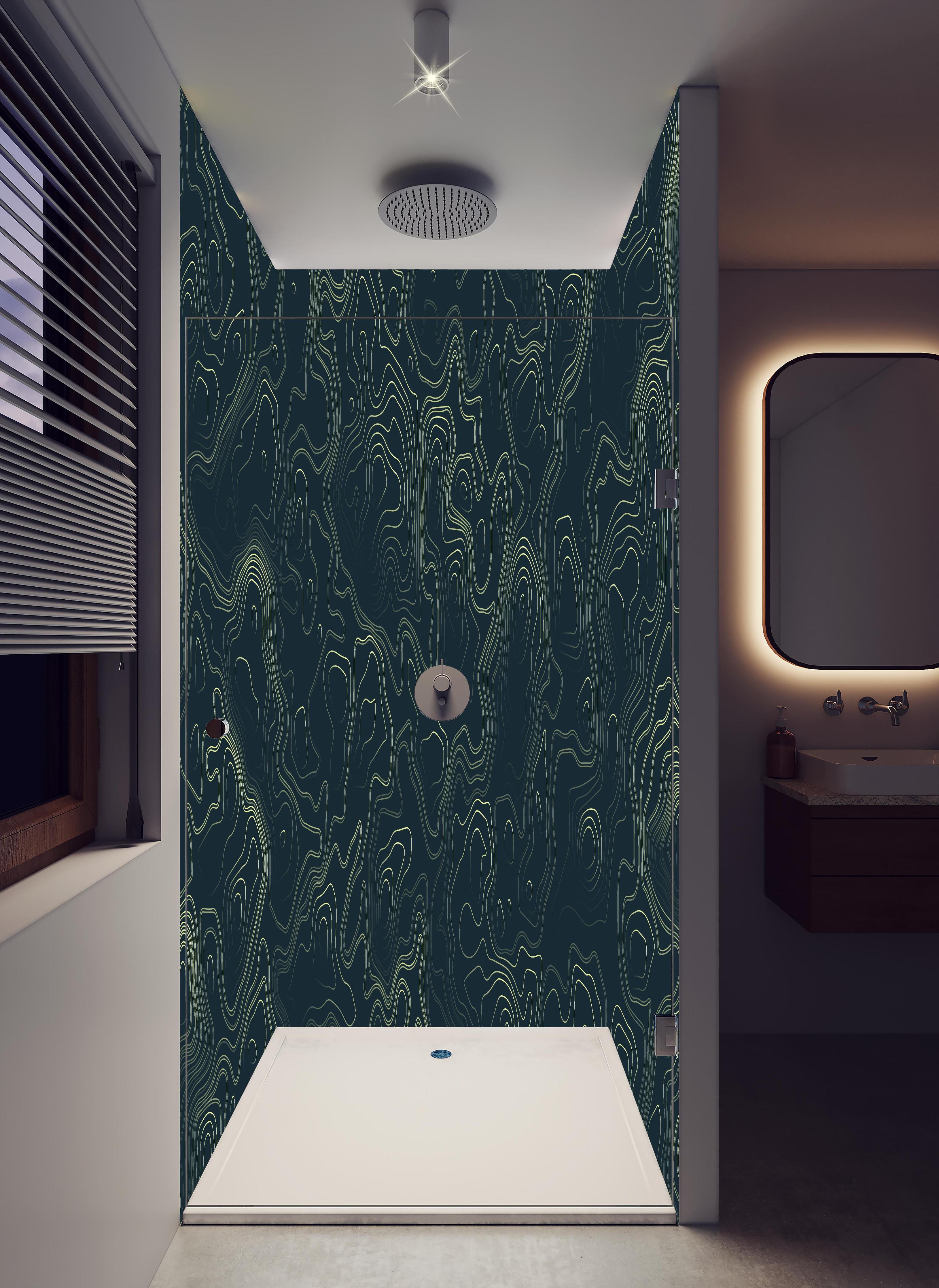 Duschrückwand - Abstraktes Muster auf gräulichem Hintergrund in hellem Badezimmer mit Regenduschkopf - zweiteilige Eck-Duschrückwand