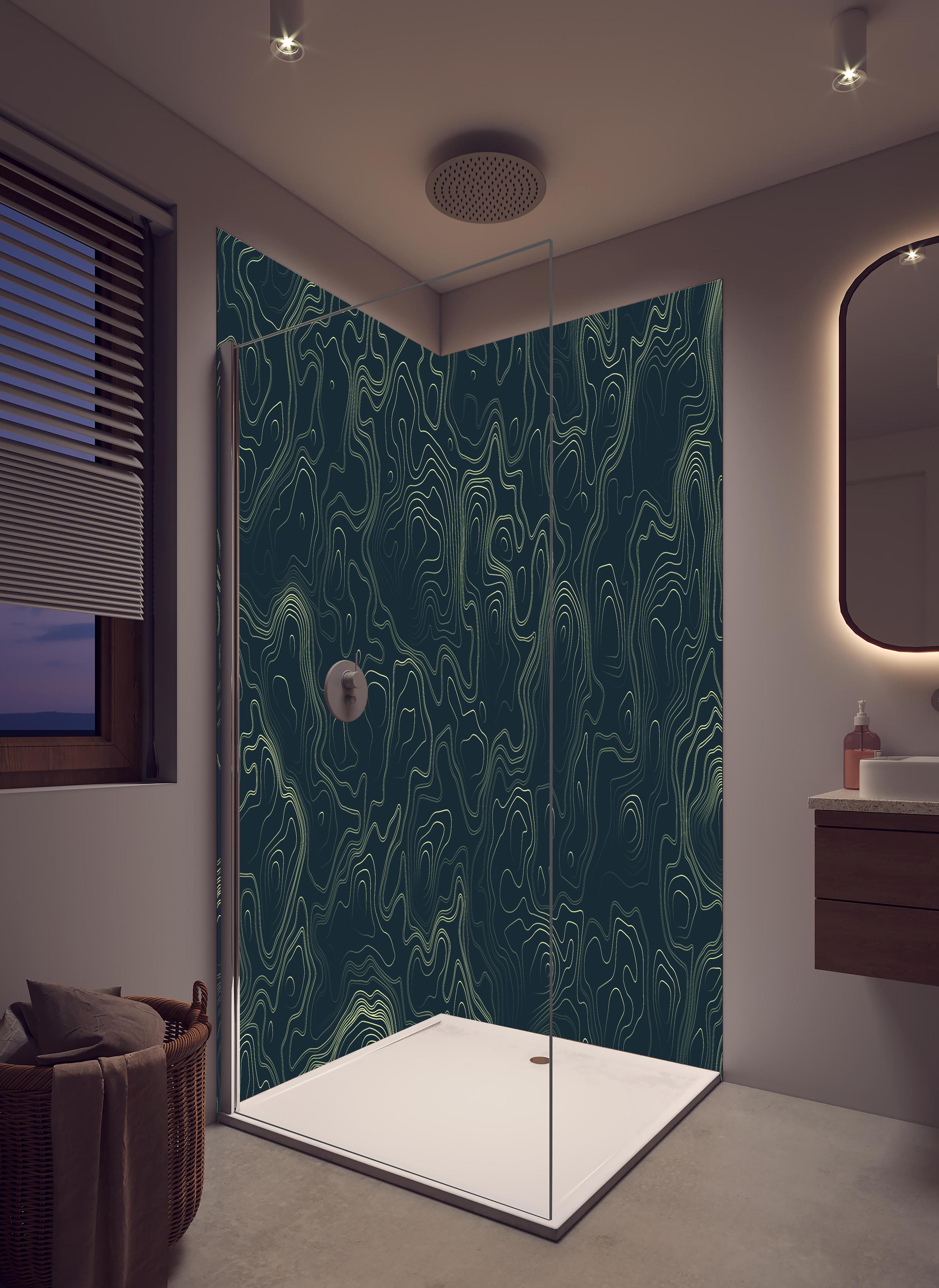 Duschrückwand - Abstraktes Muster auf gräulichem Hintergrund in hellem Badezimmer mit Regenduschkopf - zweiteilige Eck-Duschrückwand