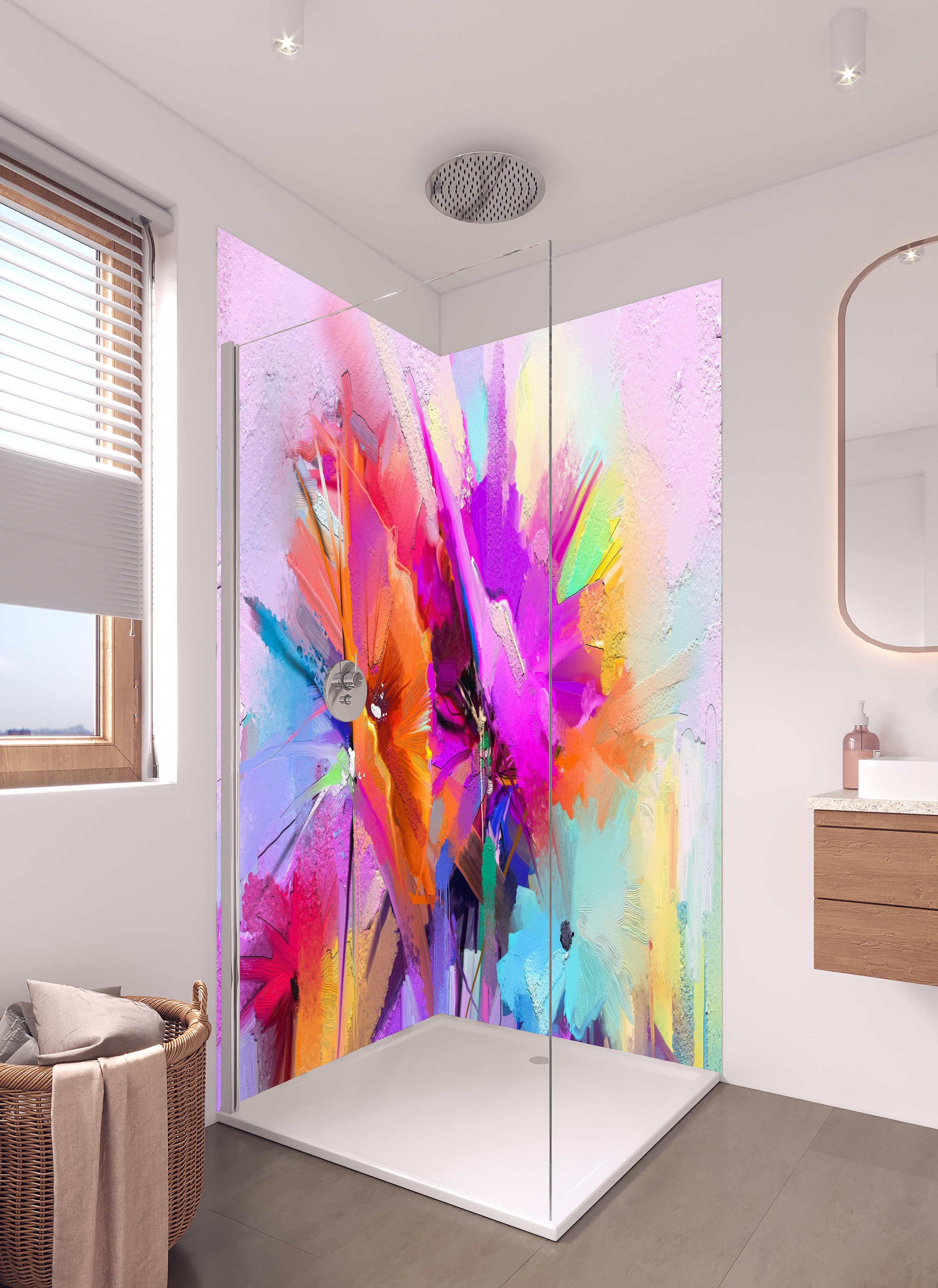 Duschrückwand - Abstraktes Öl-Gemälde einer Frühlingsblume in hellem Badezimmer mit Regenduschkopf - zweiteilige Eck-Duschrückwand