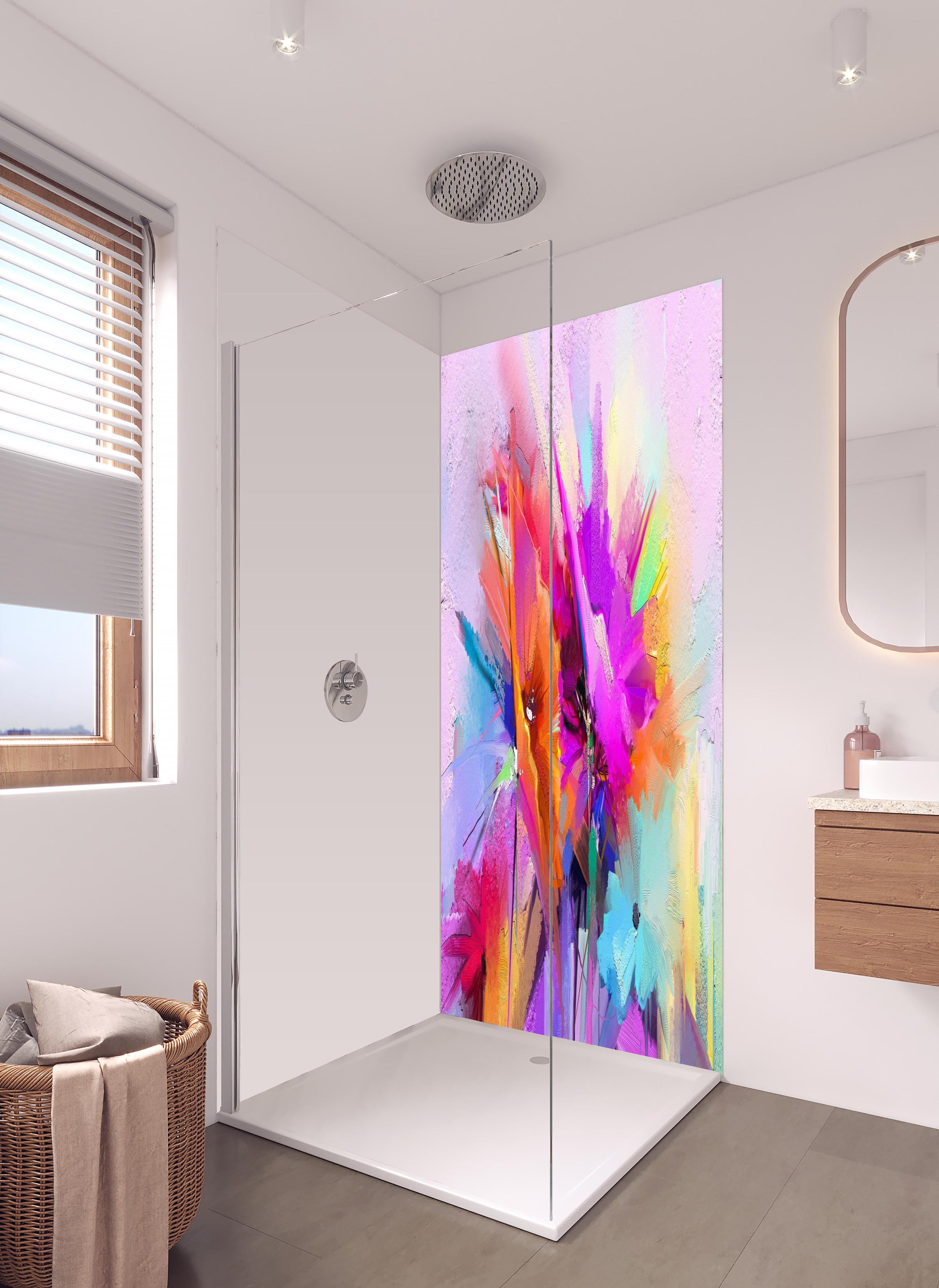 Duschrückwand - Abstraktes Öl-Gemälde einer Frühlingsblume in hellem Badezimmer mit Regenduschkopf - zweiteilige Eck-Duschrückwand