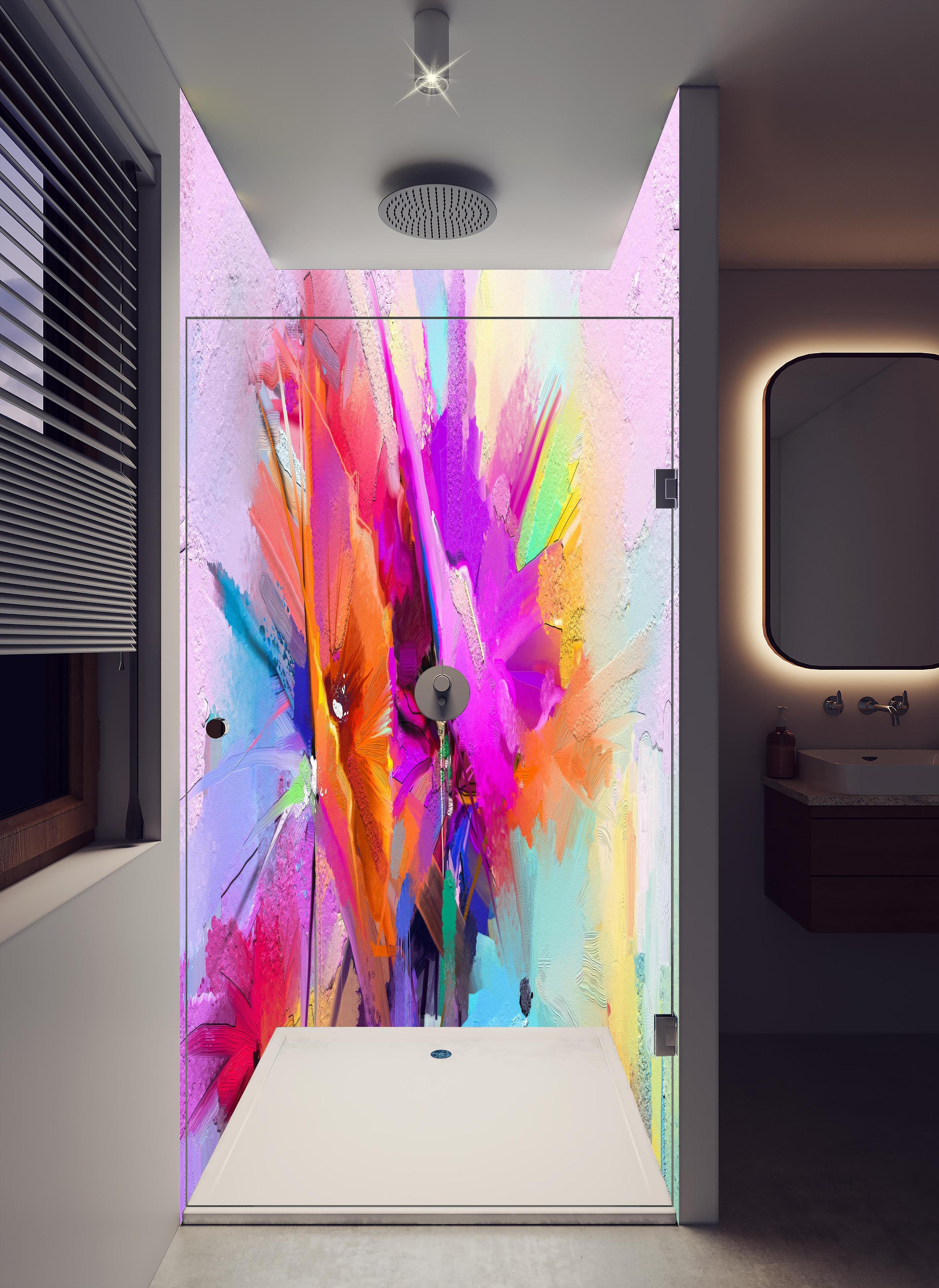 Duschrückwand - Abstraktes Öl-Gemälde einer Frühlingsblume in hellem Badezimmer mit Regenduschkopf - zweiteilige Eck-Duschrückwand
