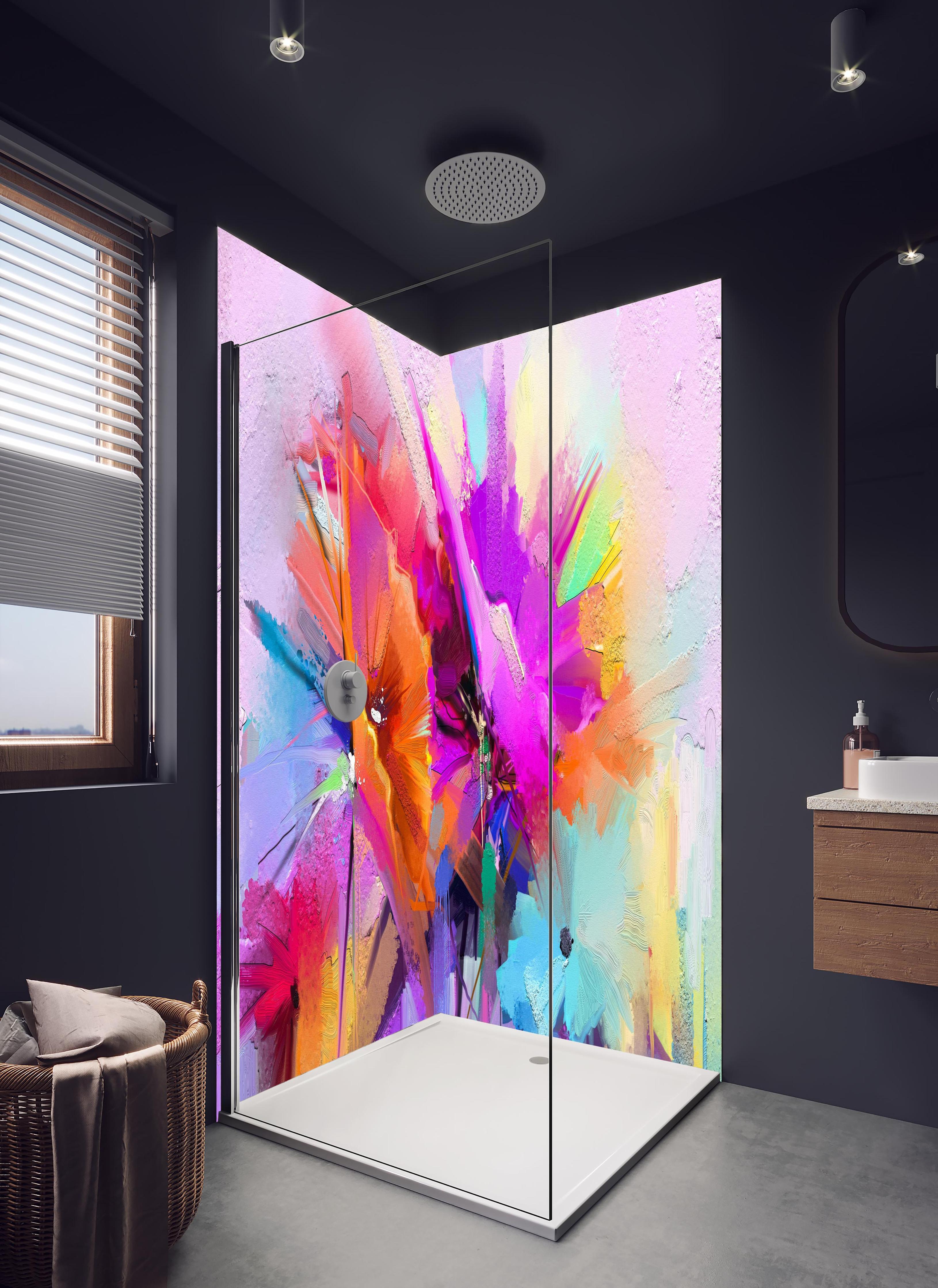 Duschrückwand - Abstraktes Öl-Gemälde einer Frühlingsblume in hellem Badezimmer mit Regenduschkopf - zweiteilige Eck-Duschrückwand