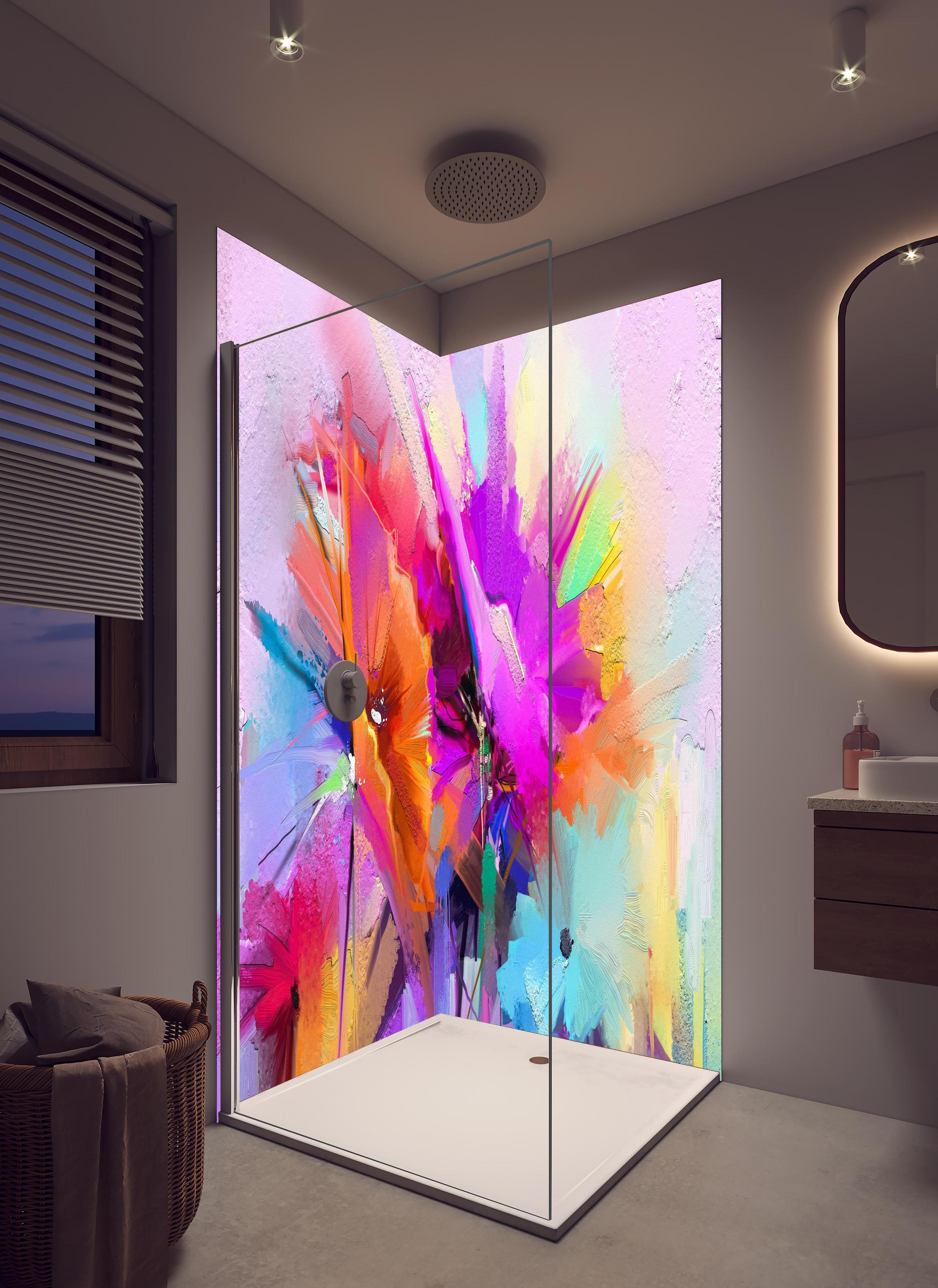 Duschrückwand - Abstraktes Öl-Gemälde einer Frühlingsblume in hellem Badezimmer mit Regenduschkopf - zweiteilige Eck-Duschrückwand