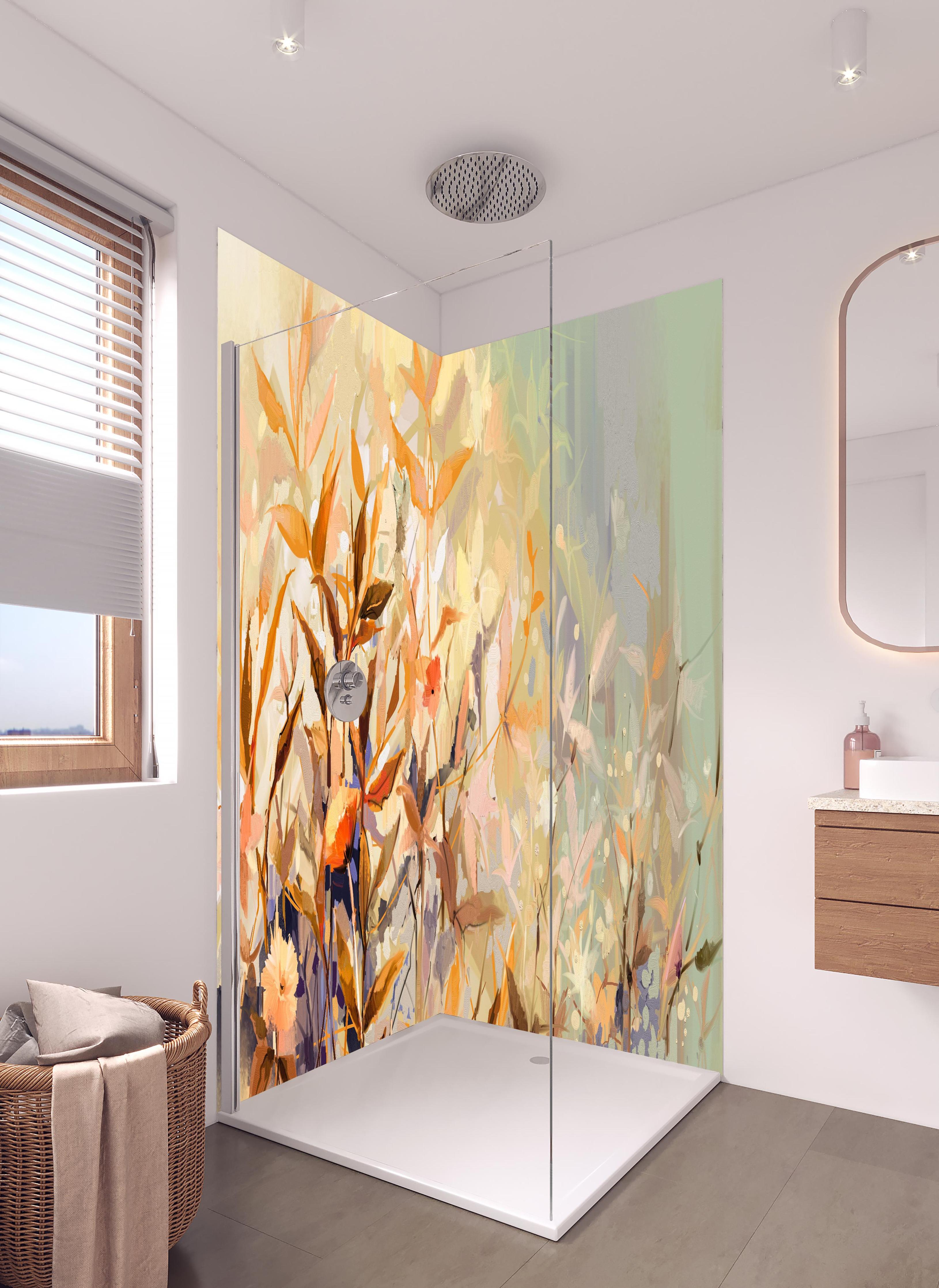 Duschrückwand - Abstraktes Ölgemälde von bunten Blumen in hellem Badezimmer mit Regenduschkopf - zweiteilige Eck-Duschrückwand