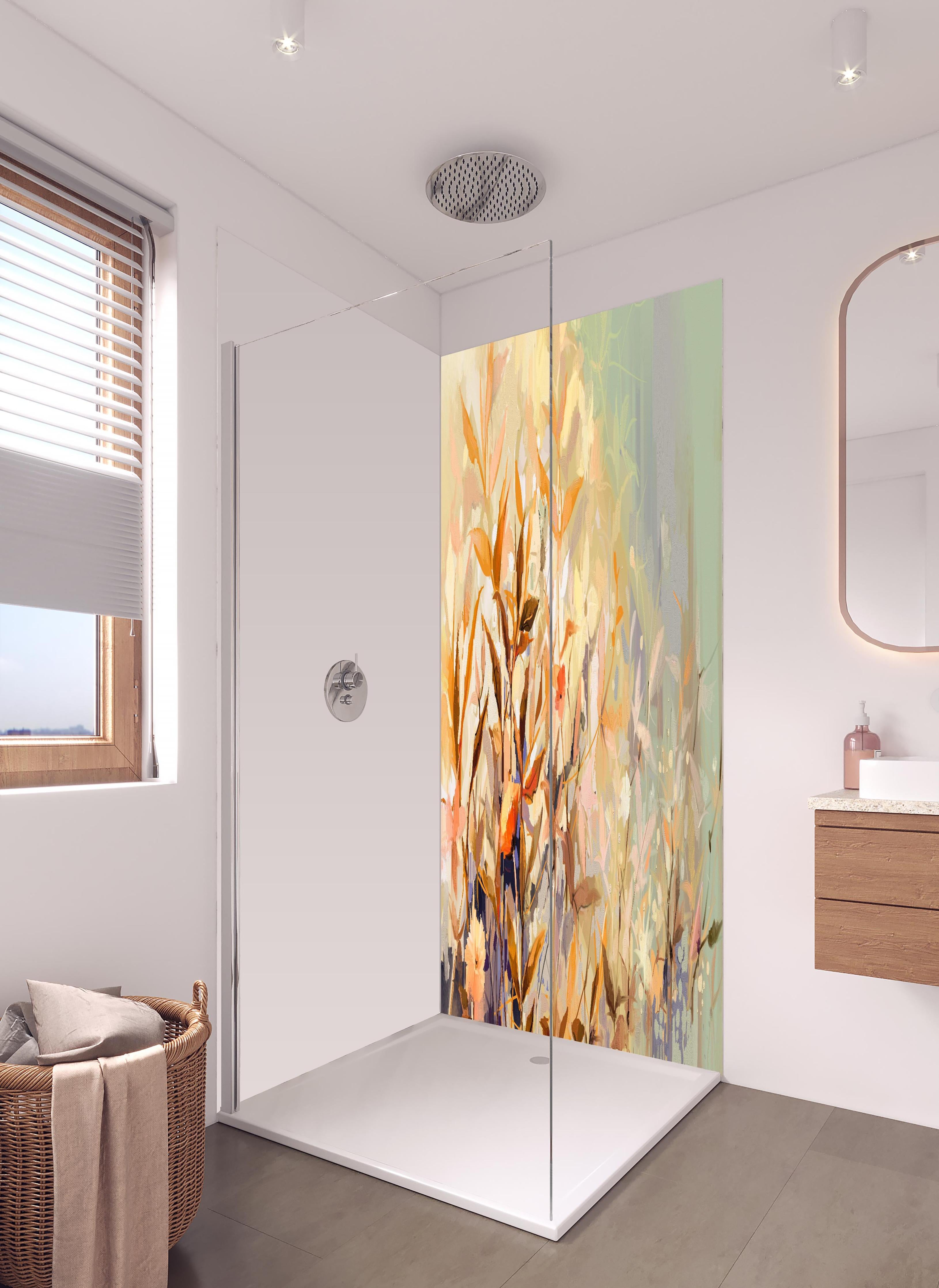 Duschrückwand - Abstraktes Ölgemälde von bunten Blumen in hellem Badezimmer mit Regenduschkopf - zweiteilige Eck-Duschrückwand