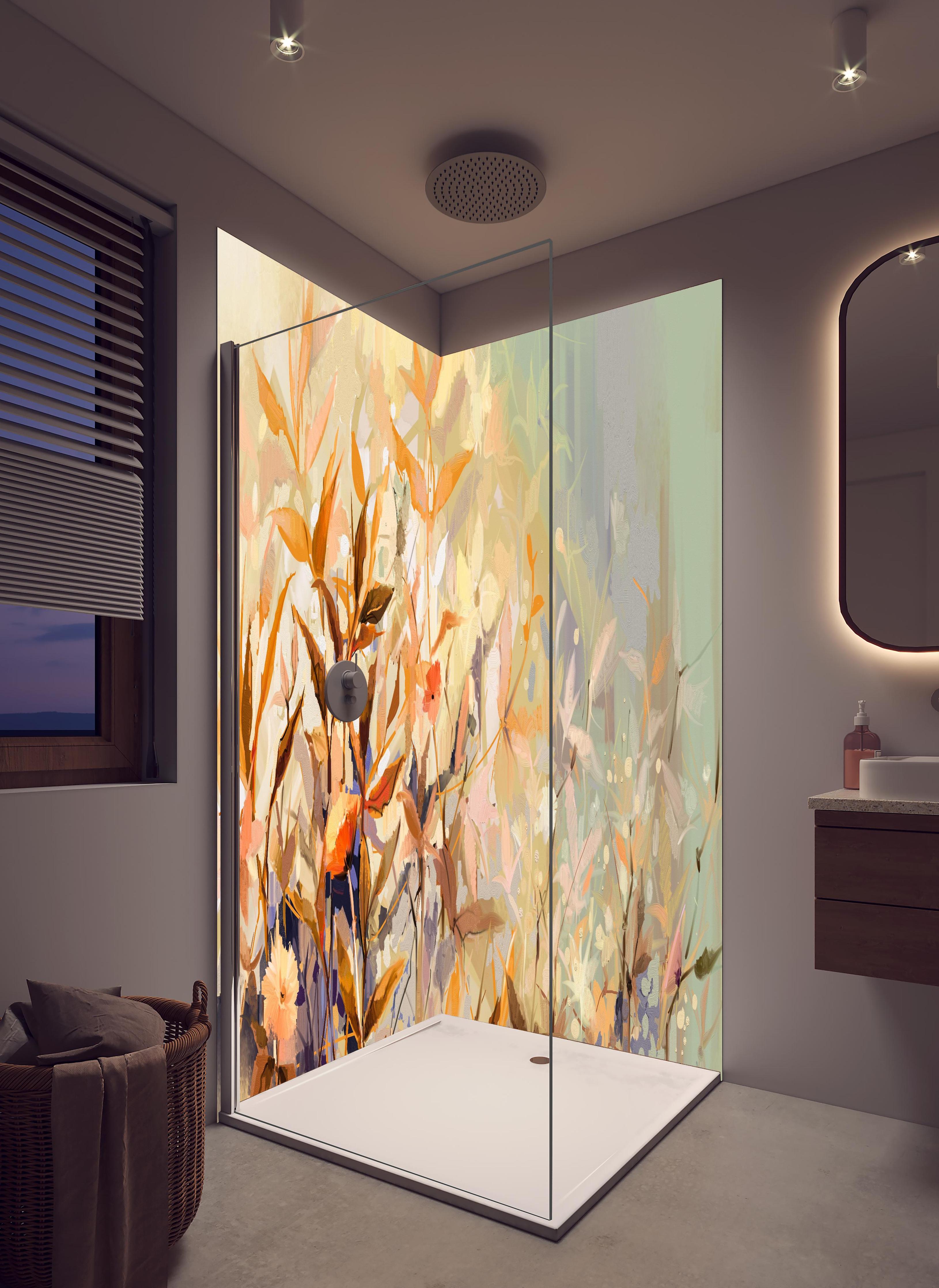Duschrückwand - Abstraktes Ölgemälde von bunten Blumen in hellem Badezimmer mit Regenduschkopf - zweiteilige Eck-Duschrückwand