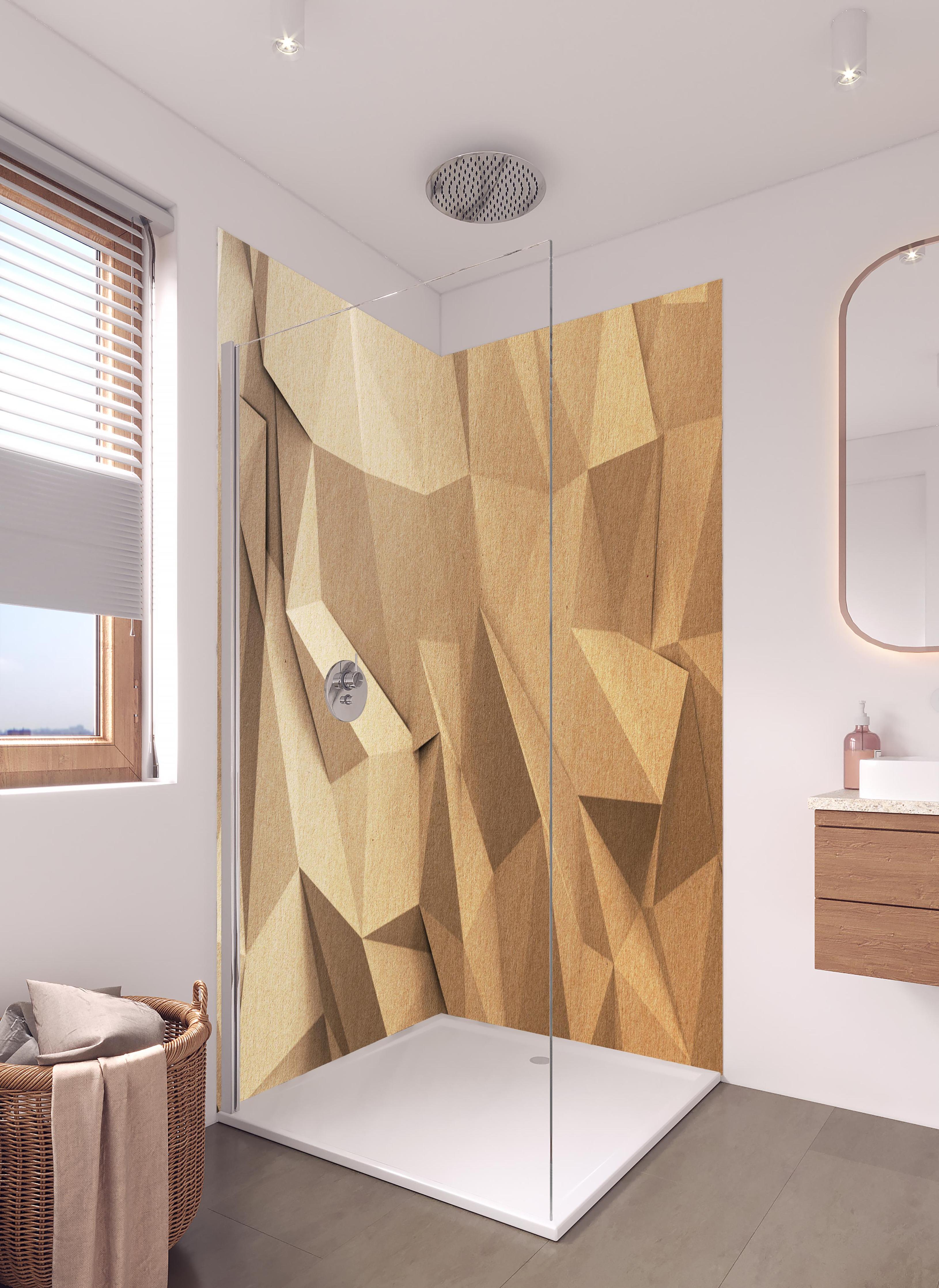 Duschrückwand - Abstraktes Polygon Handwerk in hellem Badezimmer mit Regenduschkopf - zweiteilige Eck-Duschrückwand