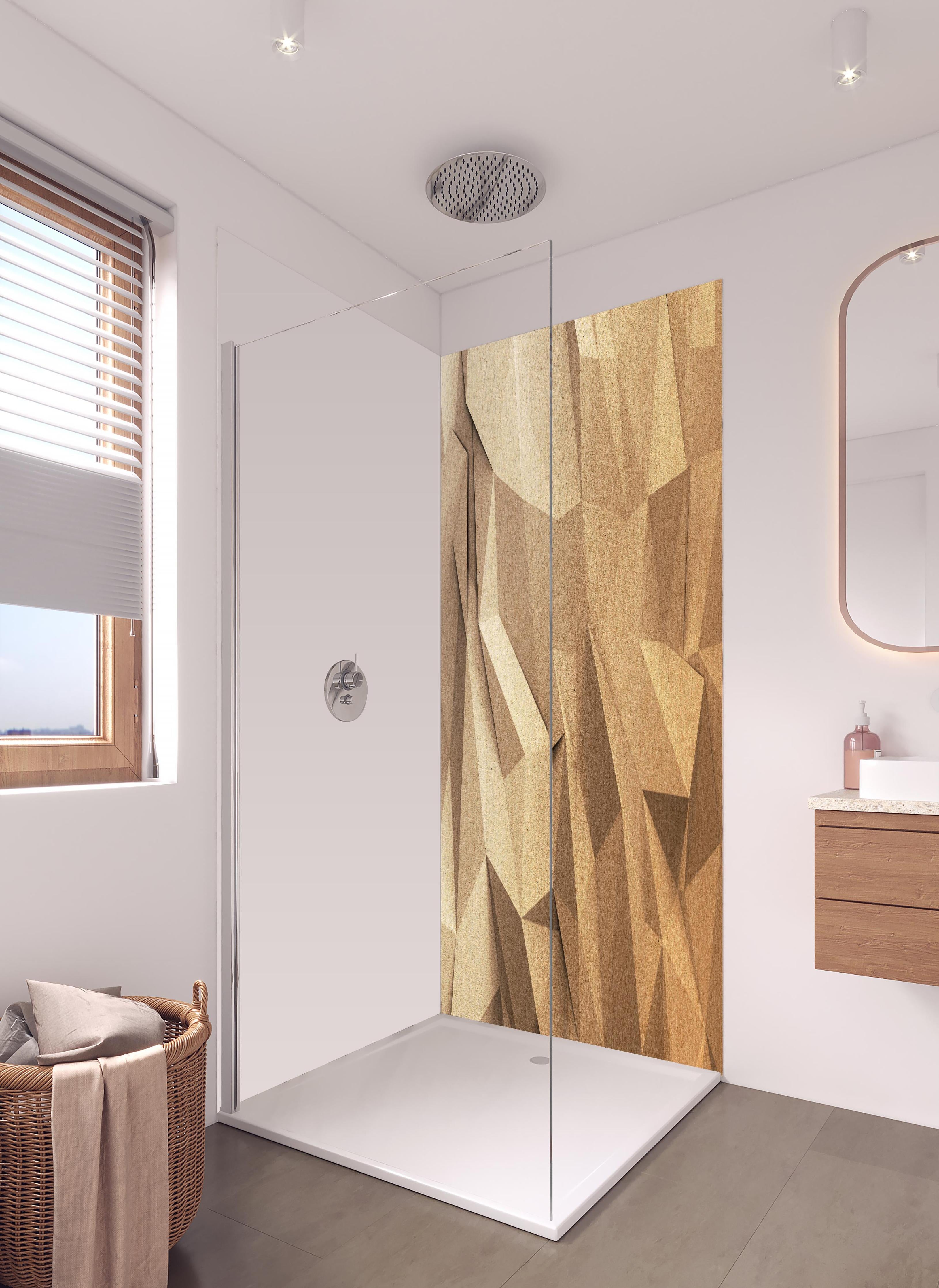 Duschrückwand - Abstraktes Polygon Handwerk in hellem Badezimmer mit Regenduschkopf - zweiteilige Eck-Duschrückwand