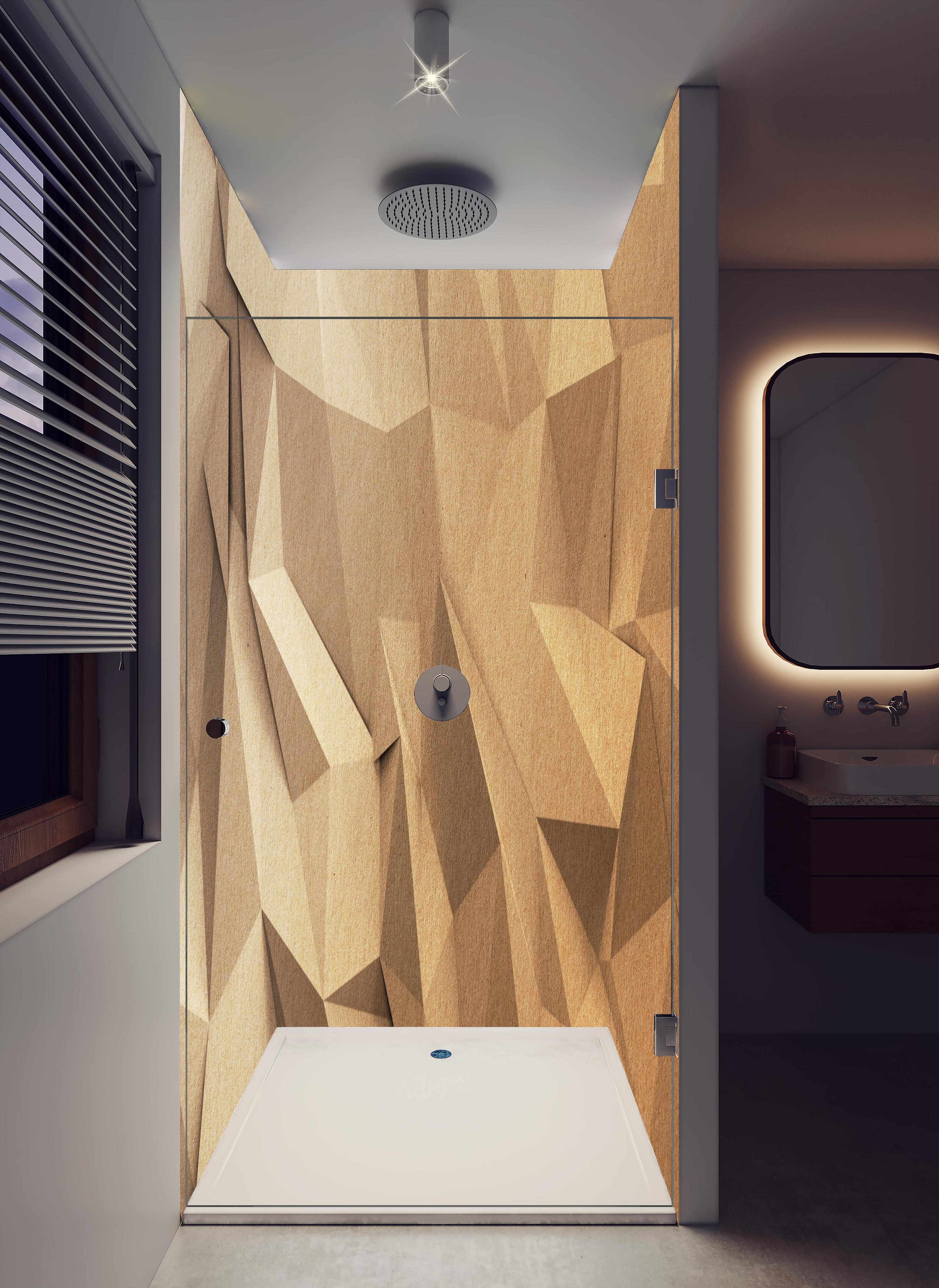 Duschrückwand - Abstraktes Polygon Handwerk in hellem Badezimmer mit Regenduschkopf - zweiteilige Eck-Duschrückwand