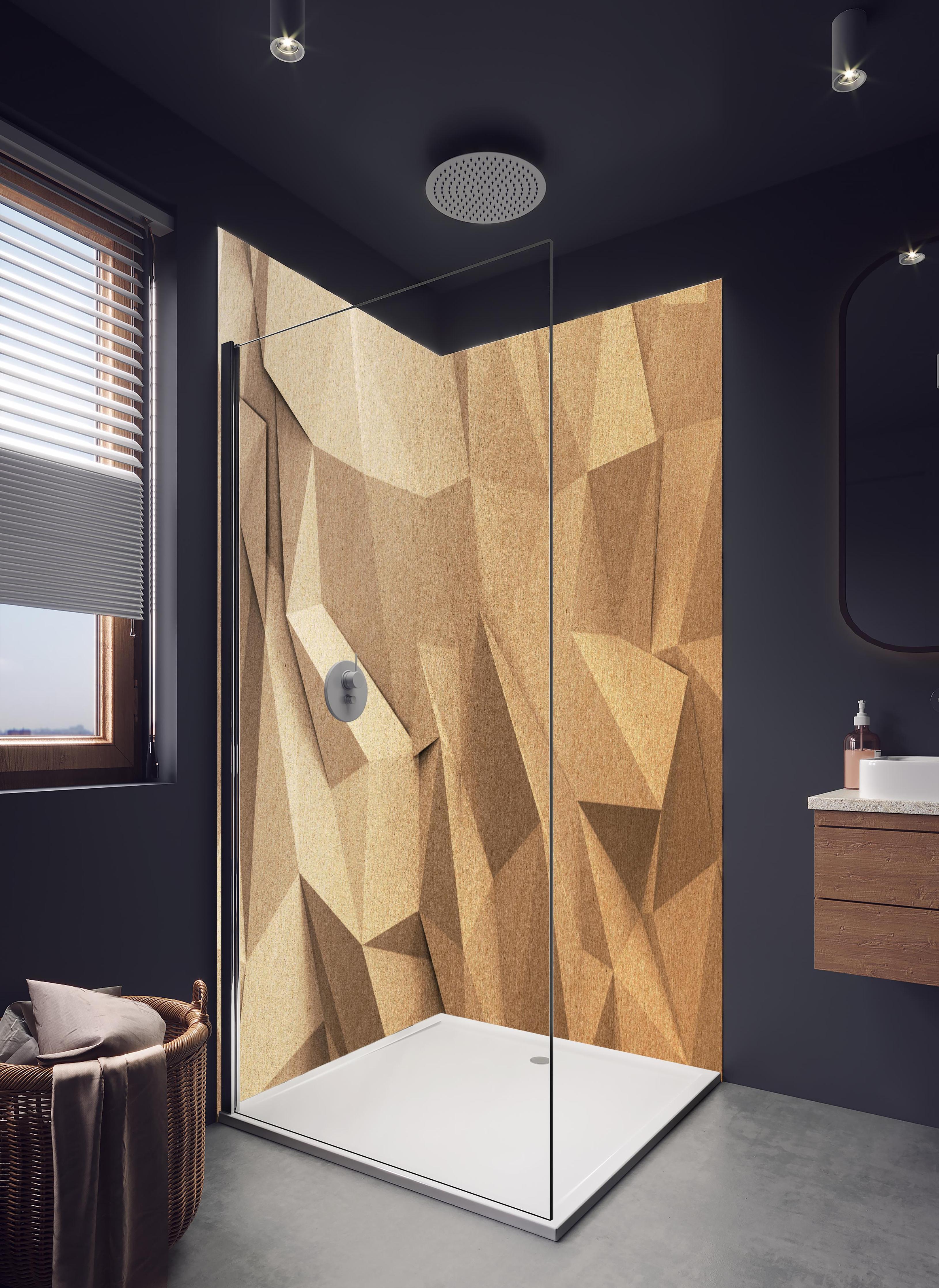 Duschrückwand - Abstraktes Polygon Handwerk in hellem Badezimmer mit Regenduschkopf - zweiteilige Eck-Duschrückwand