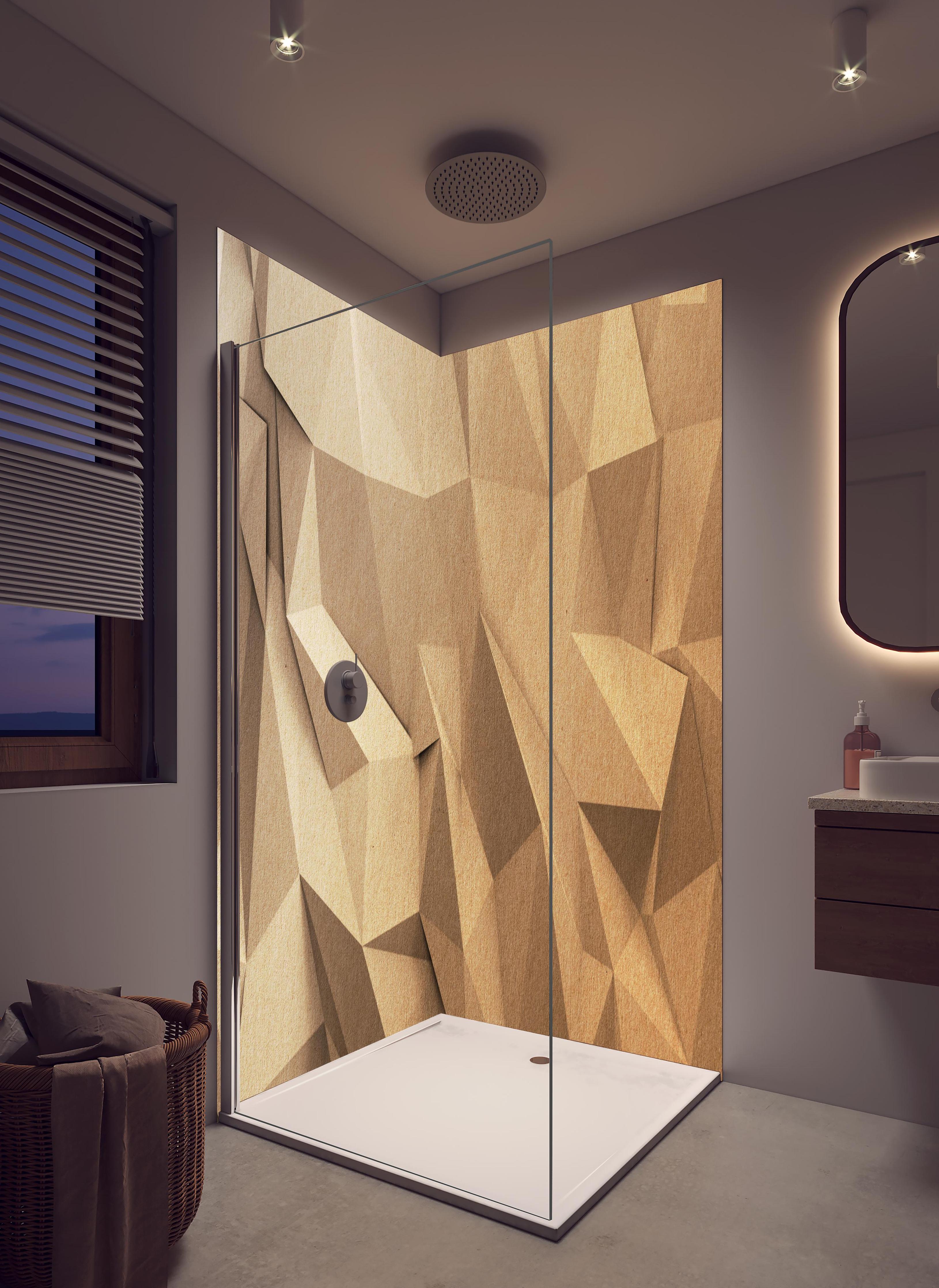 Duschrückwand - Abstraktes Polygon Handwerk in hellem Badezimmer mit Regenduschkopf - zweiteilige Eck-Duschrückwand