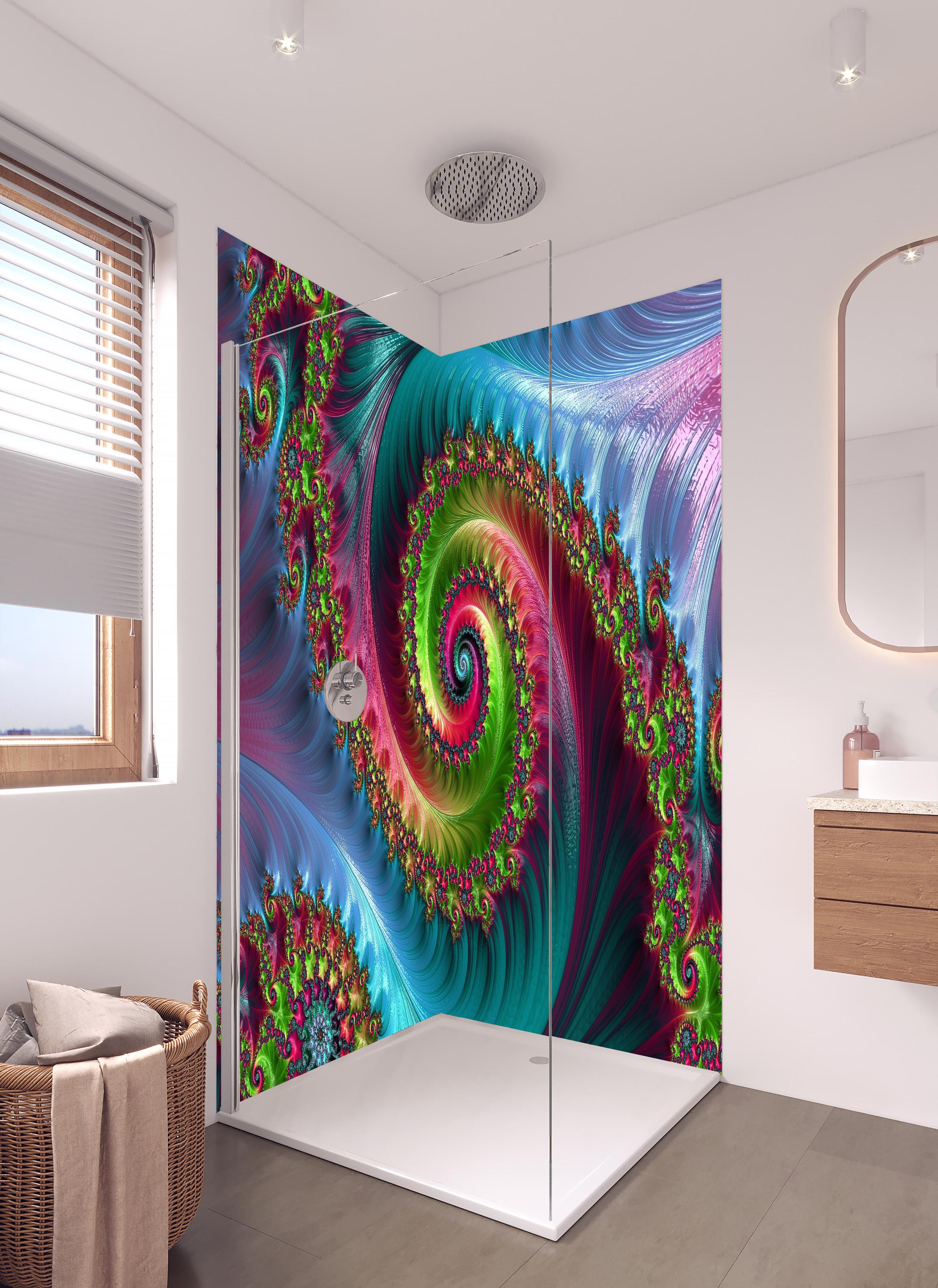Duschrückwand - Abstraktes Tentakelmuster in hellem Badezimmer mit Regenduschkopf - zweiteilige Eck-Duschrückwand