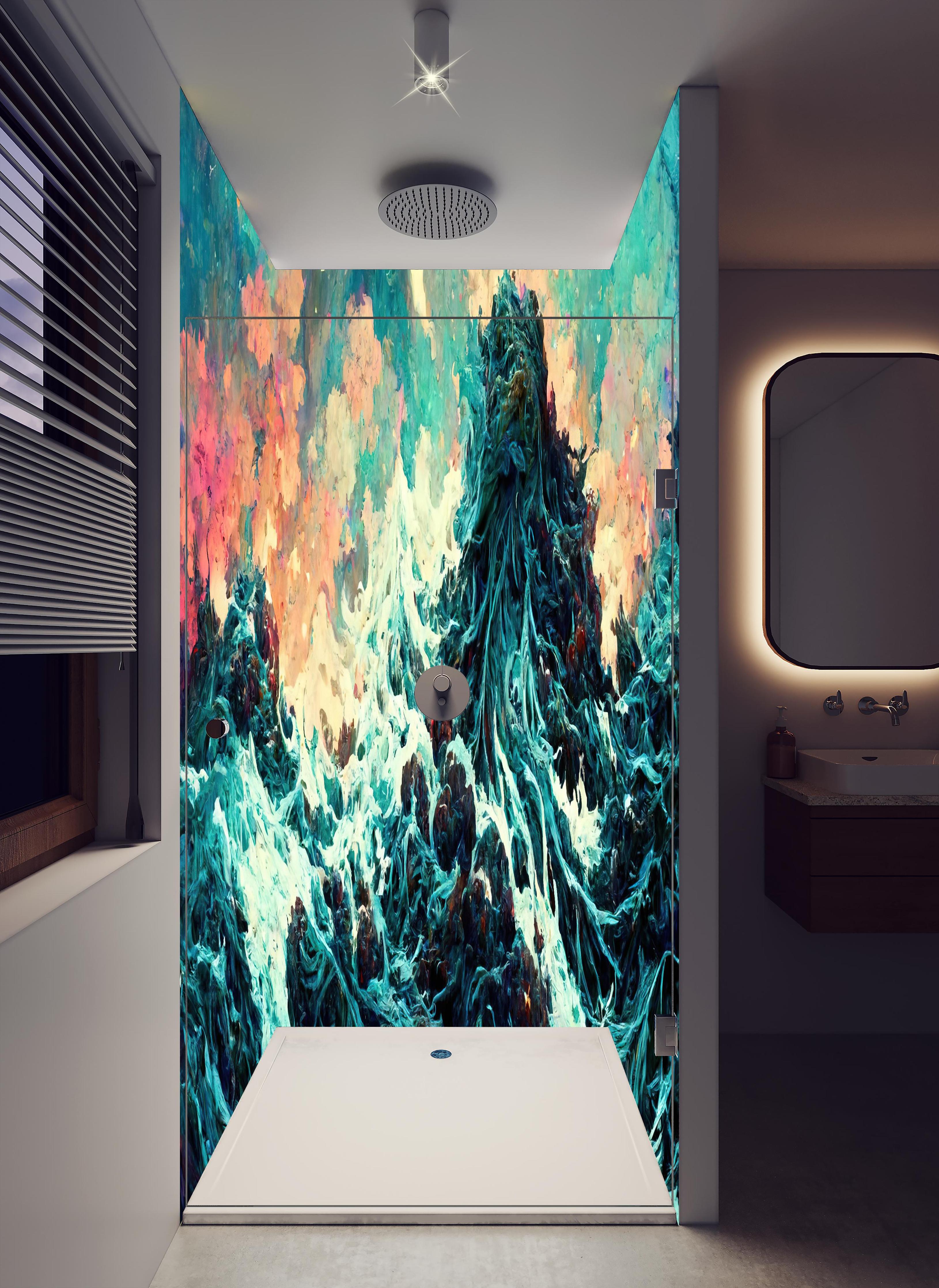 Duschrückwand - Abstraktes Wellen Gemälde in hellem Badezimmer mit Regenduschkopf - zweiteilige Eck-Duschrückwand