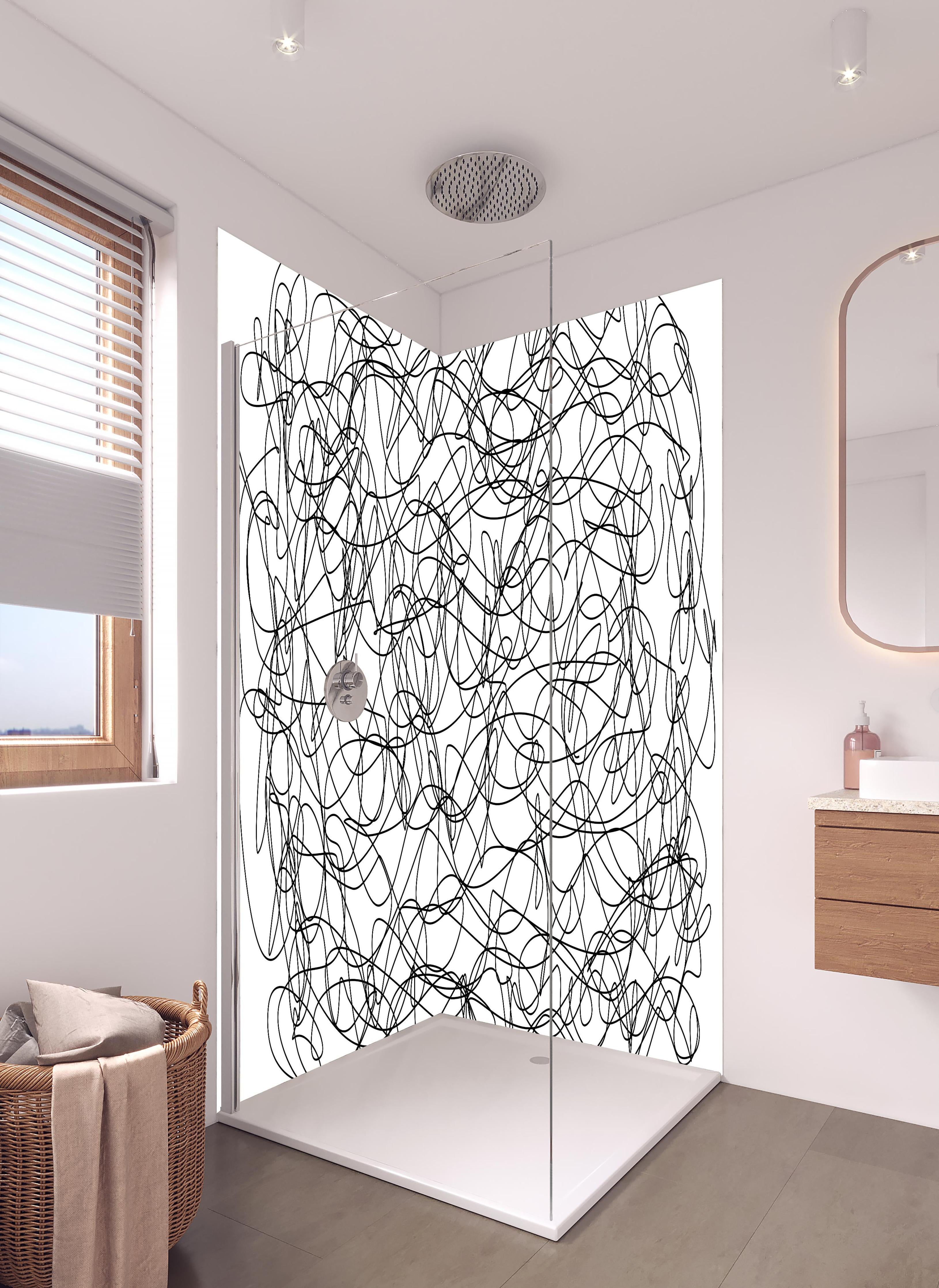 Duschrückwand - Abstraktes doodle in hellem Badezimmer mit Regenduschkopf - zweiteilige Eck-Duschrückwand