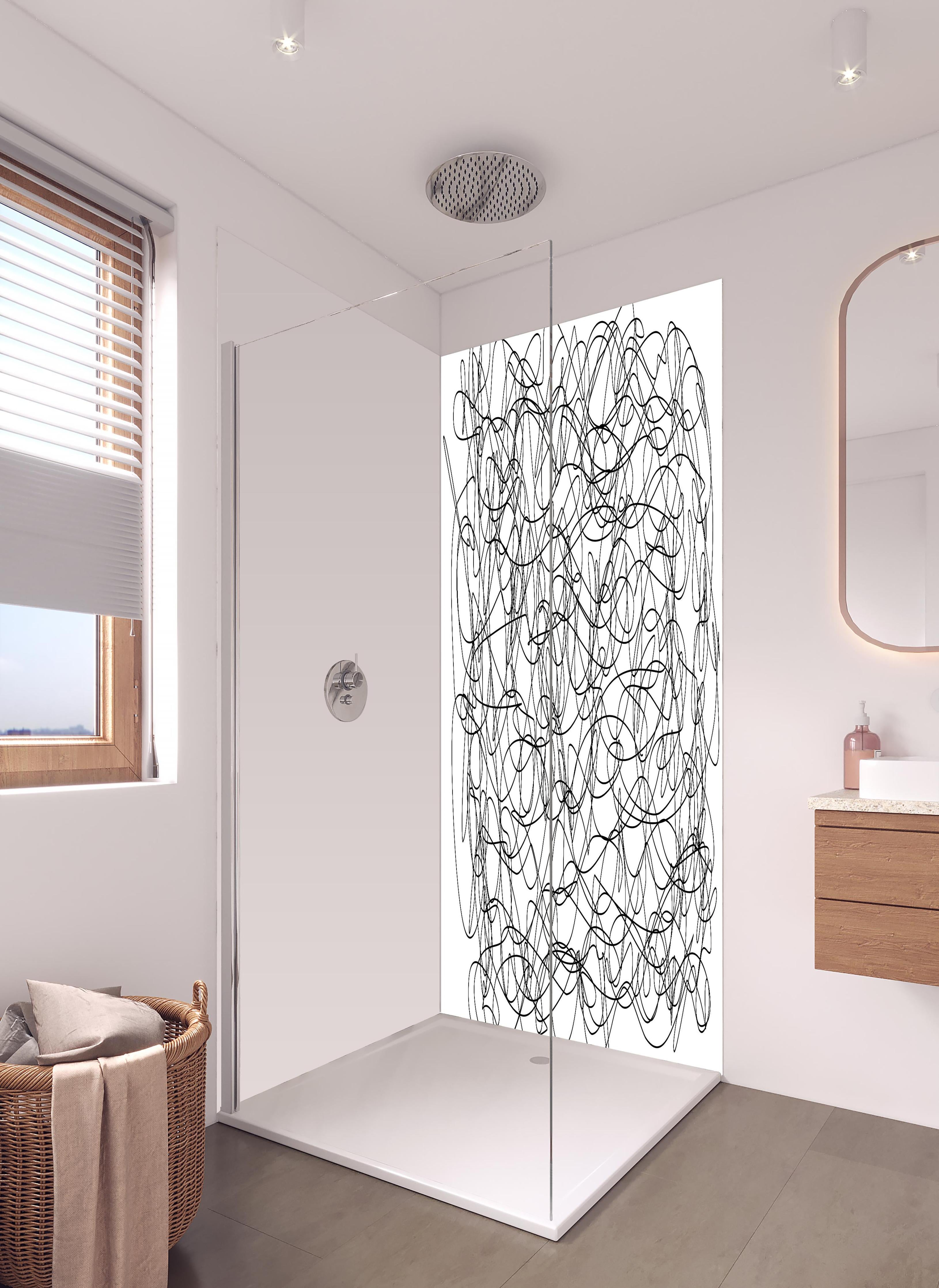 Duschrückwand - Abstraktes doodle in hellem Badezimmer mit Regenduschkopf - zweiteilige Eck-Duschrückwand