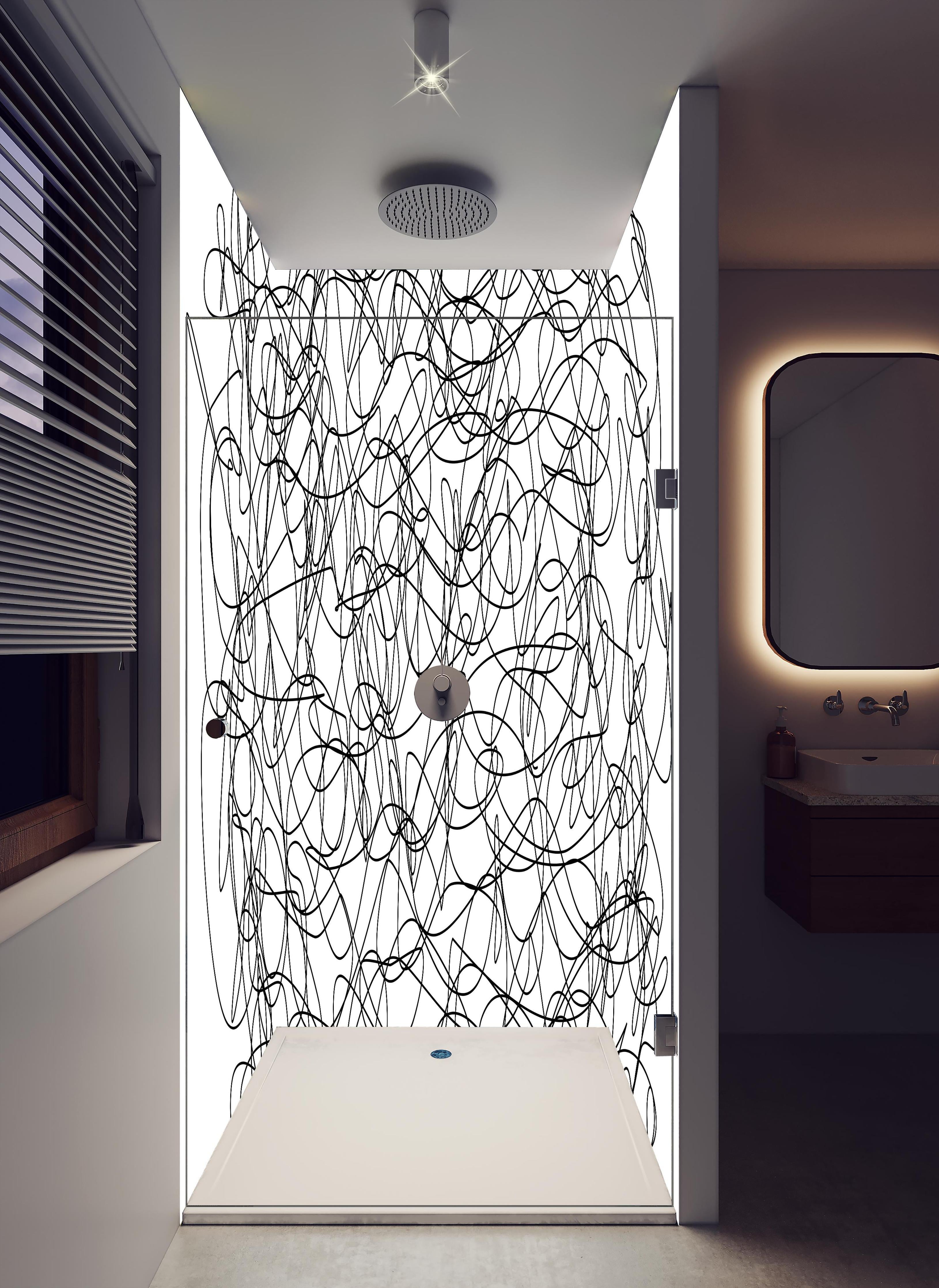 Duschrückwand - Abstraktes doodle in hellem Badezimmer mit Regenduschkopf - zweiteilige Eck-Duschrückwand