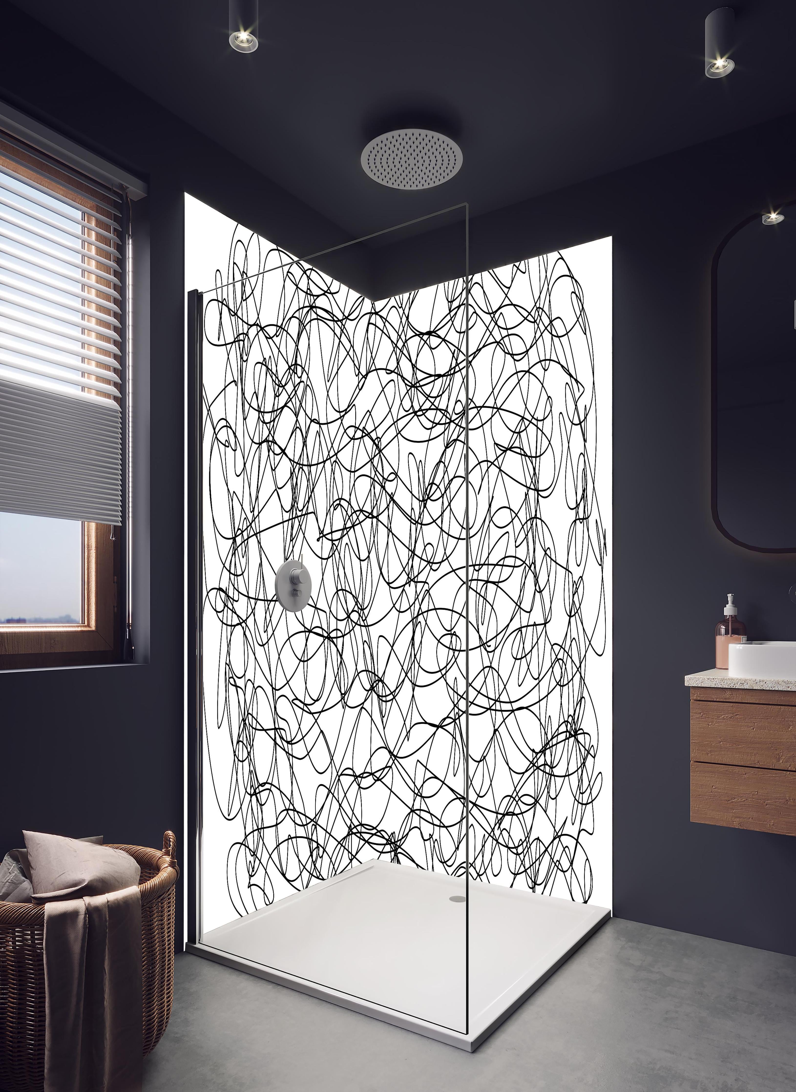 Duschrückwand - Abstraktes doodle in hellem Badezimmer mit Regenduschkopf - zweiteilige Eck-Duschrückwand