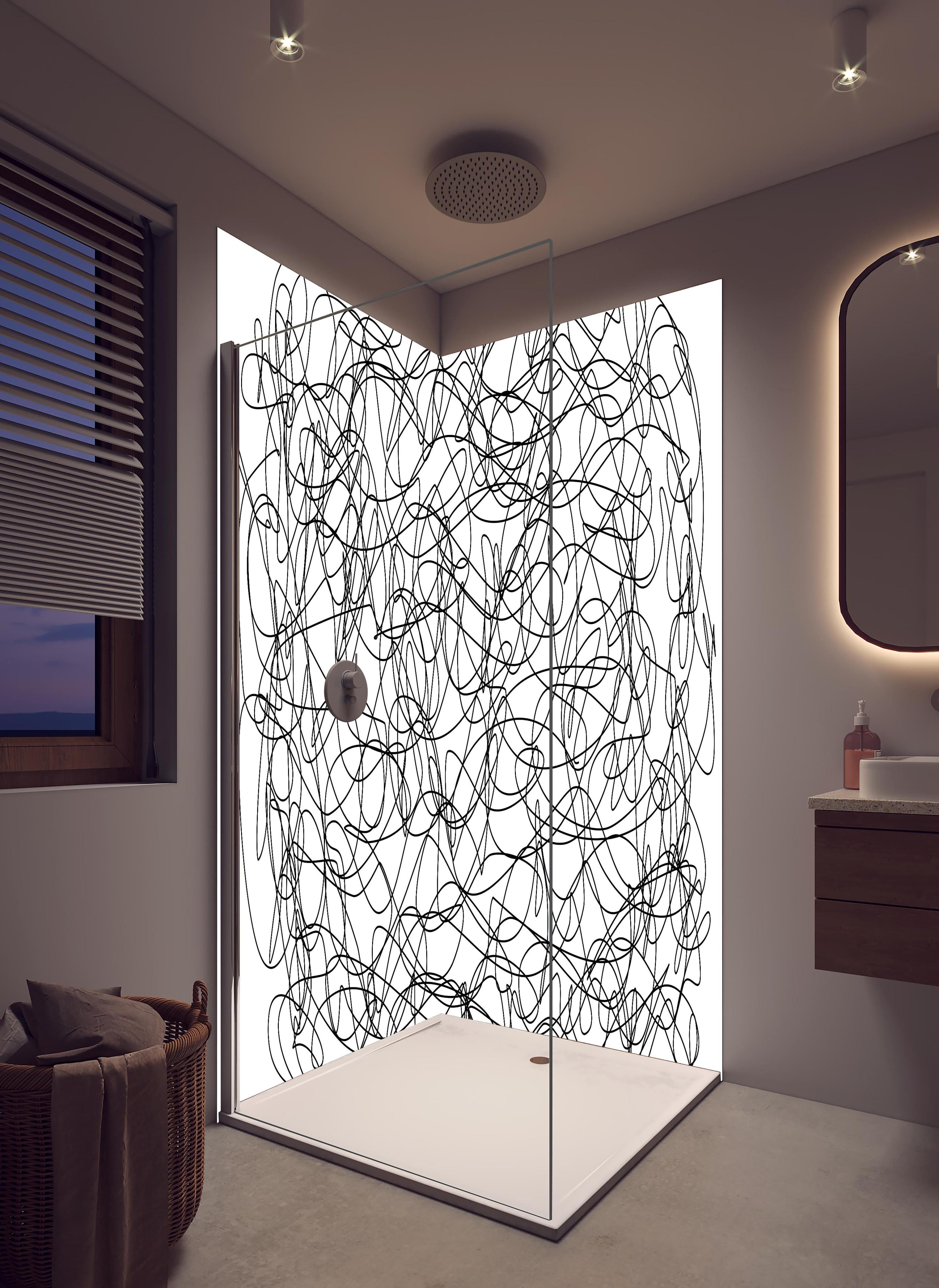 Duschrückwand - Abstraktes doodle in hellem Badezimmer mit Regenduschkopf - zweiteilige Eck-Duschrückwand