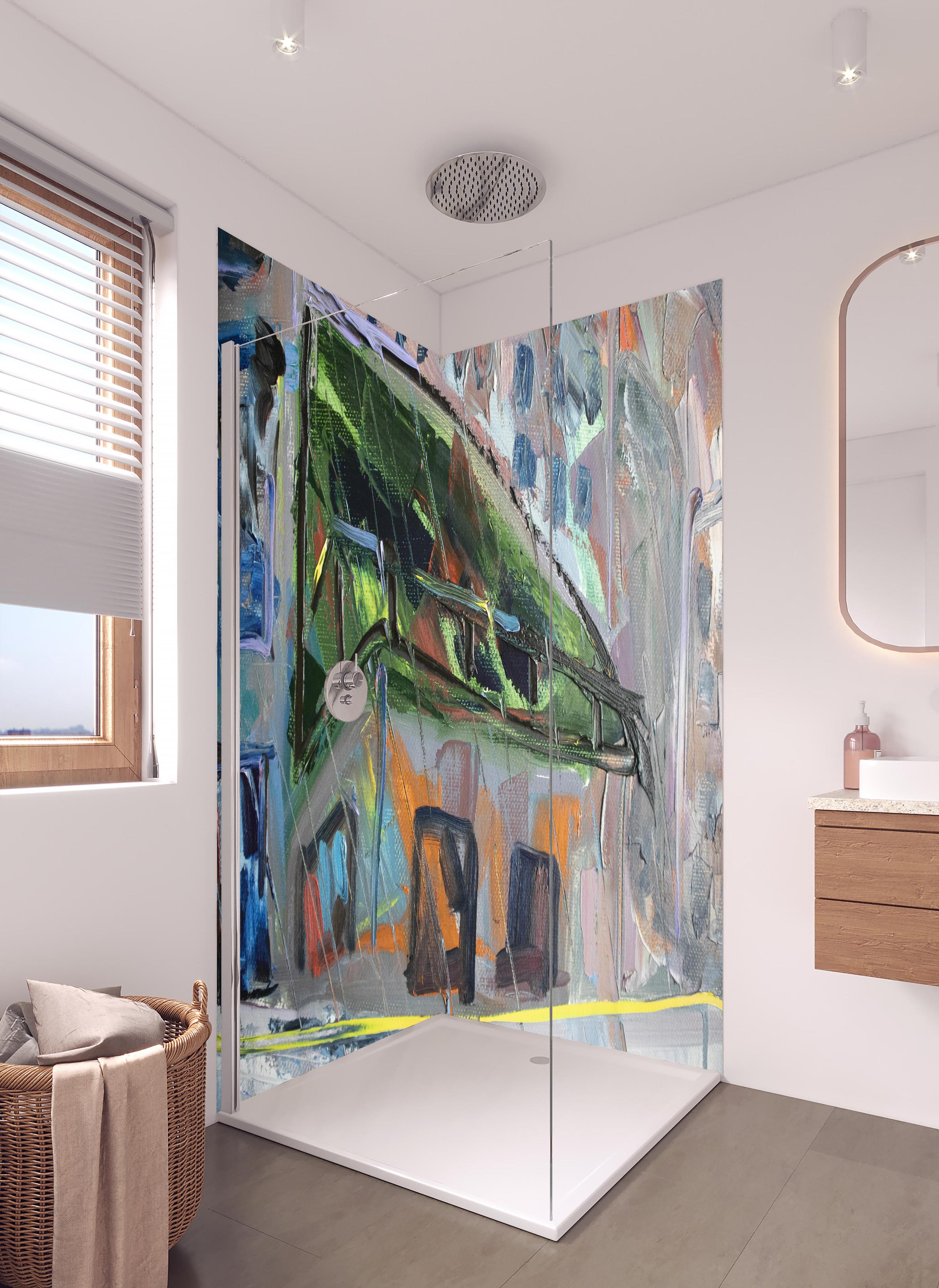 Duschrückwand - Acryl Farben Kunst - Gebäude in hellem Badezimmer mit Regenduschkopf - zweiteilige Eck-Duschrückwand
