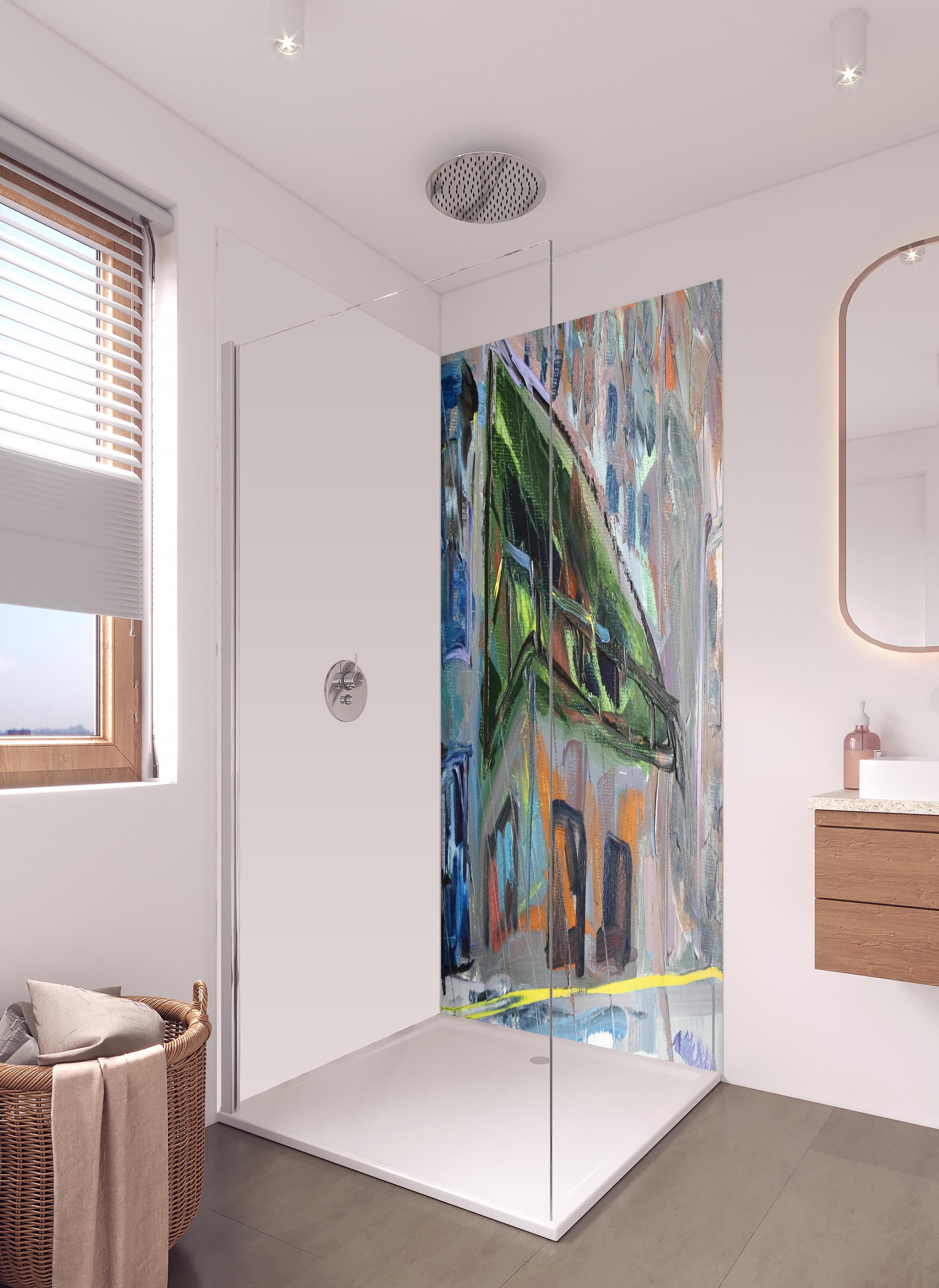 Duschrückwand - Acryl Farben Kunst - Gebäude in hellem Badezimmer mit Regenduschkopf - zweiteilige Eck-Duschrückwand