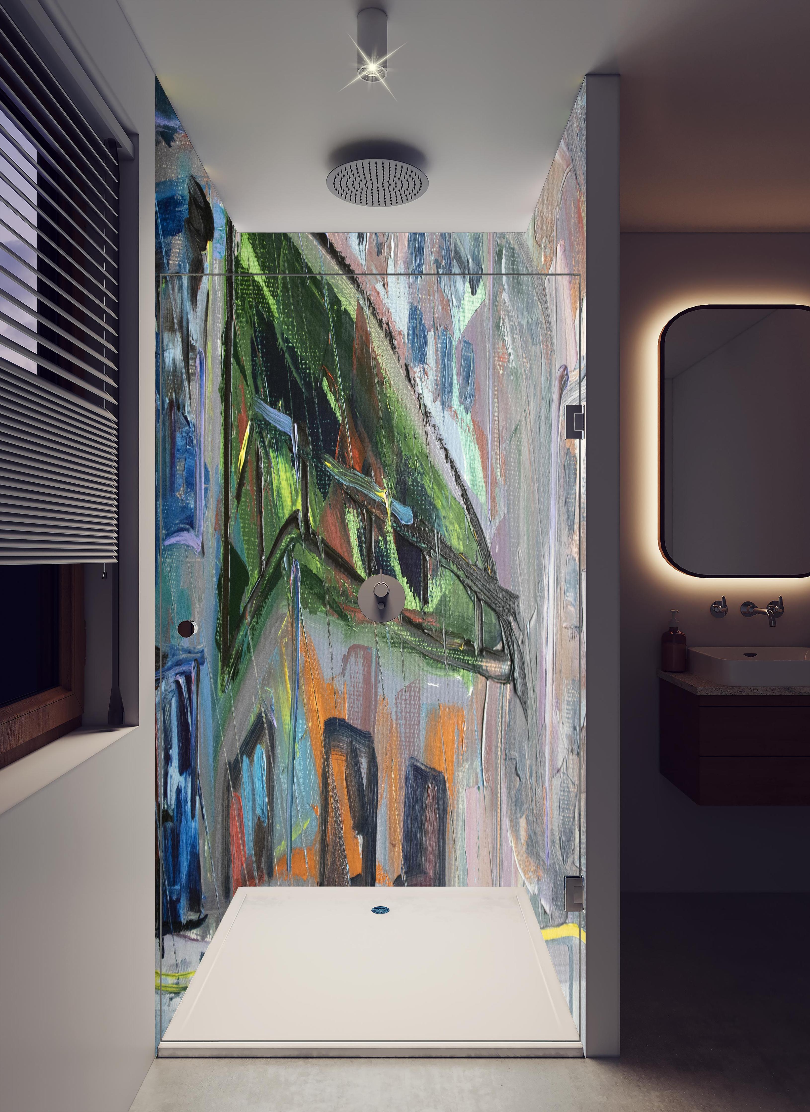 Duschrückwand - Acryl Farben Kunst - Gebäude in hellem Badezimmer mit Regenduschkopf - zweiteilige Eck-Duschrückwand