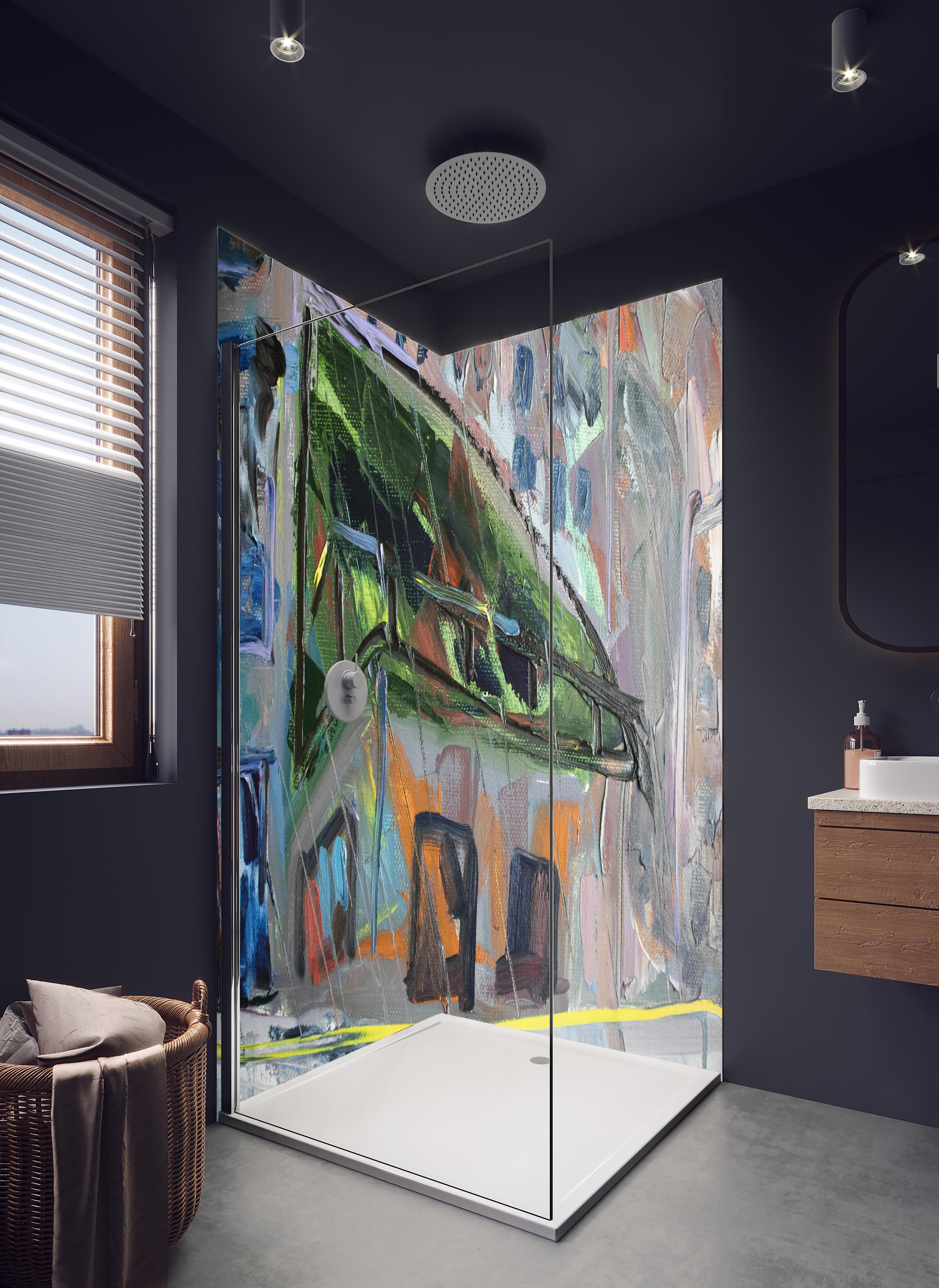 Duschrückwand - Acryl Farben Kunst - Gebäude in hellem Badezimmer mit Regenduschkopf - zweiteilige Eck-Duschrückwand
