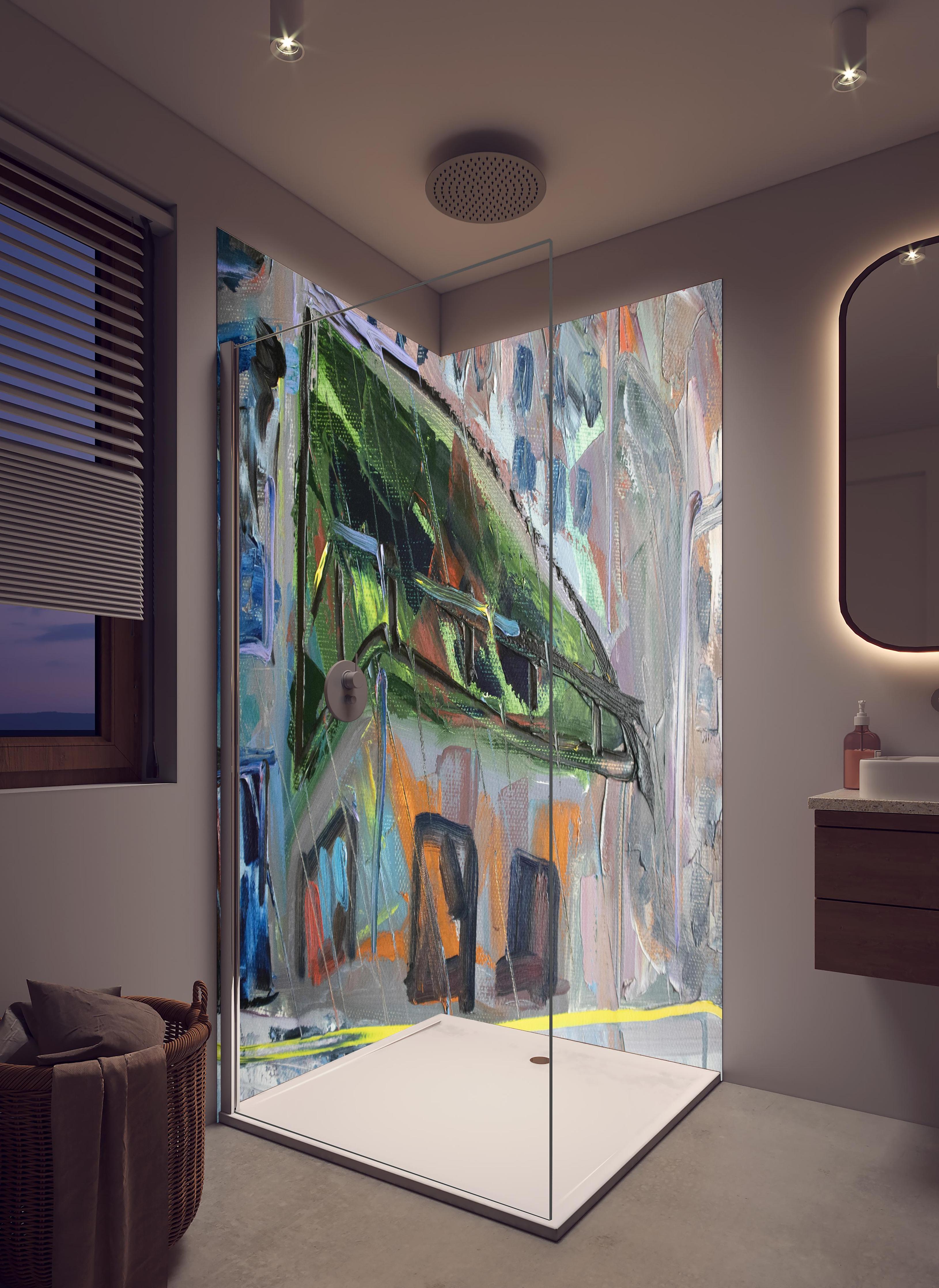 Duschrückwand - Acryl Farben Kunst - Gebäude in hellem Badezimmer mit Regenduschkopf - zweiteilige Eck-Duschrückwand