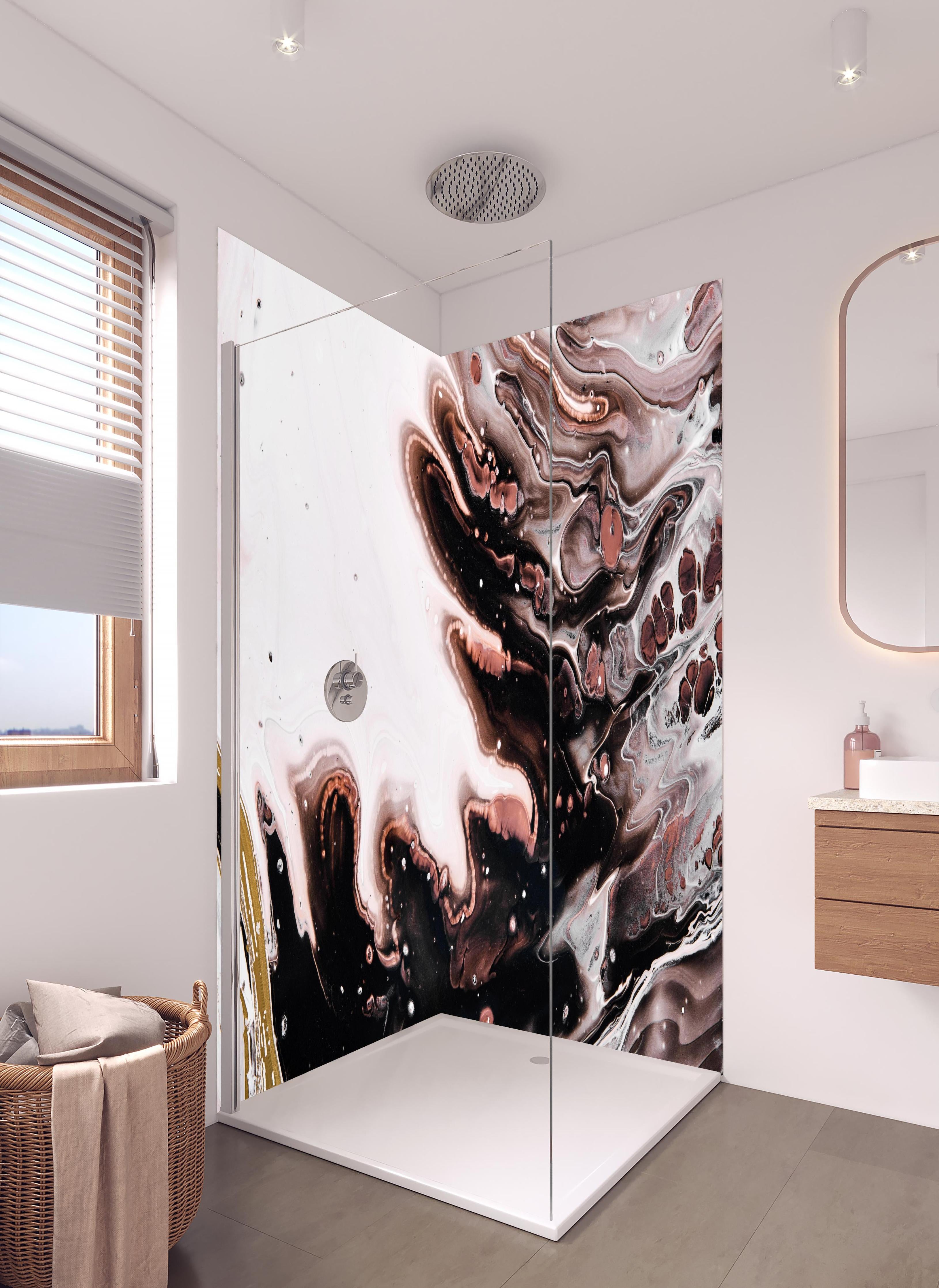 Duschrückwand - Acryl Flüssigkunst - Dunkle Farben in hellem Badezimmer mit Regenduschkopf - zweiteilige Eck-Duschrückwand