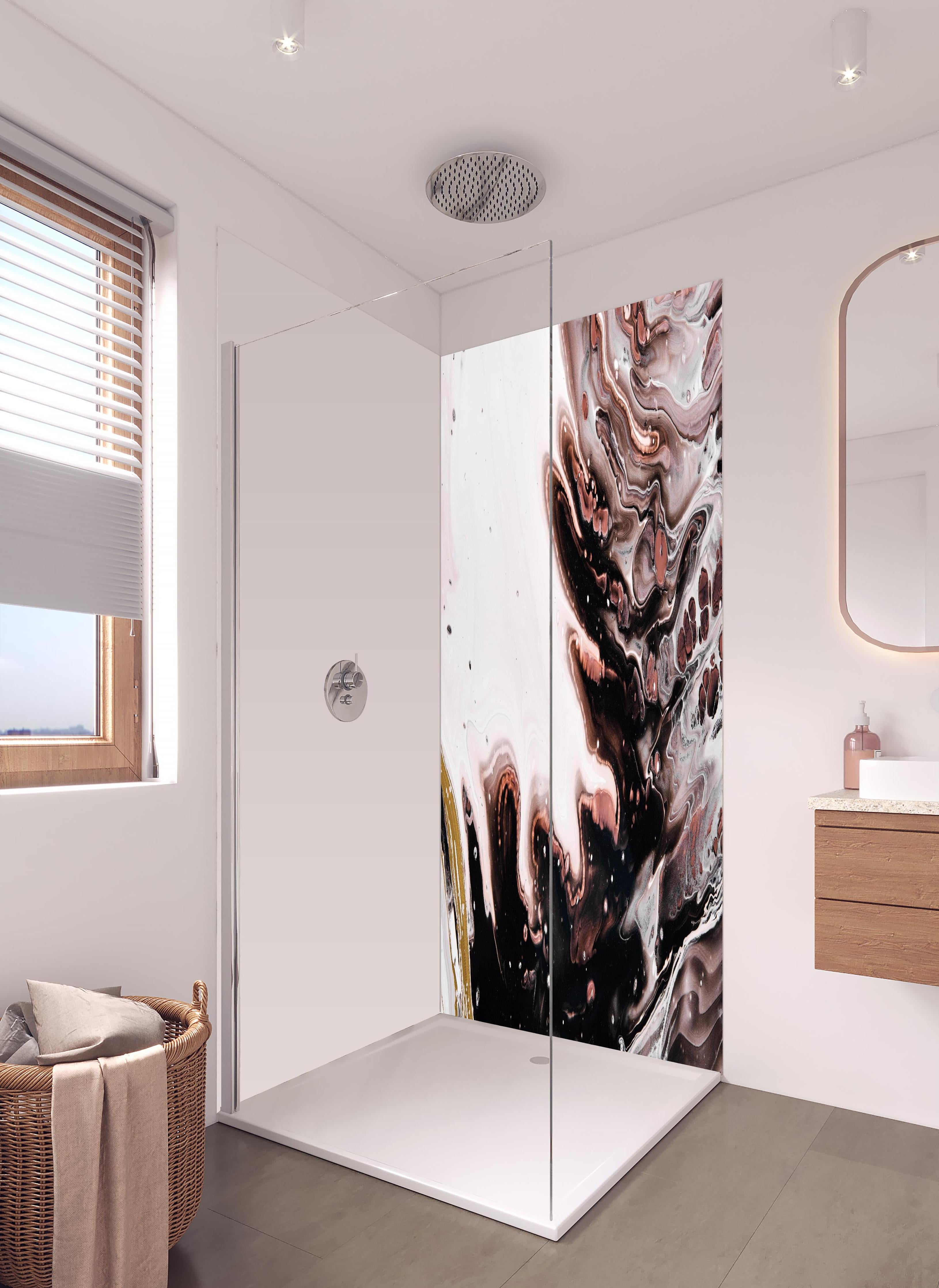 Duschrückwand - Acryl Flüssigkunst - Dunkle Farben in hellem Badezimmer mit Regenduschkopf - zweiteilige Eck-Duschrückwand