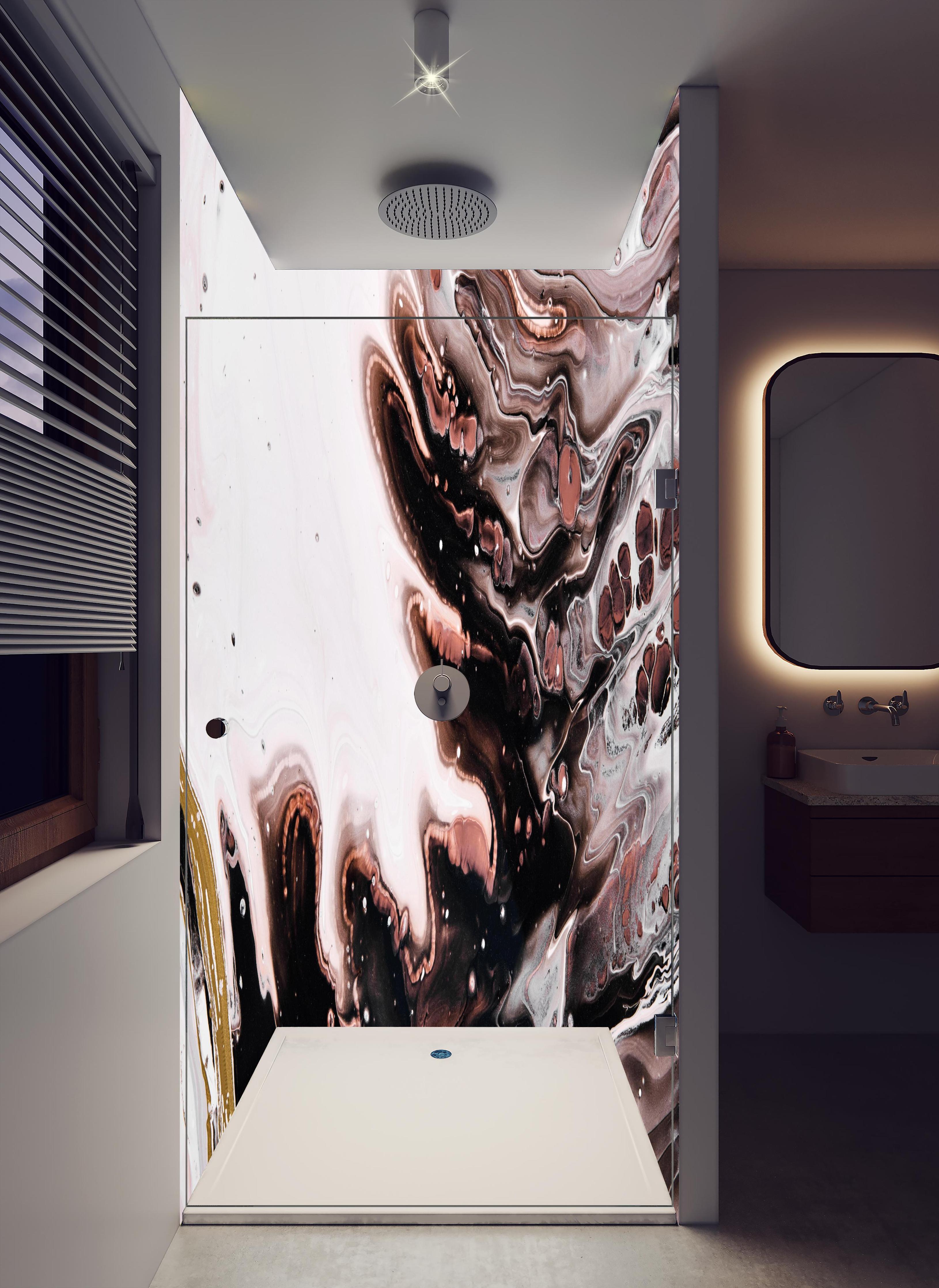 Duschrückwand - Acryl Flüssigkunst - Dunkle Farben in hellem Badezimmer mit Regenduschkopf - zweiteilige Eck-Duschrückwand