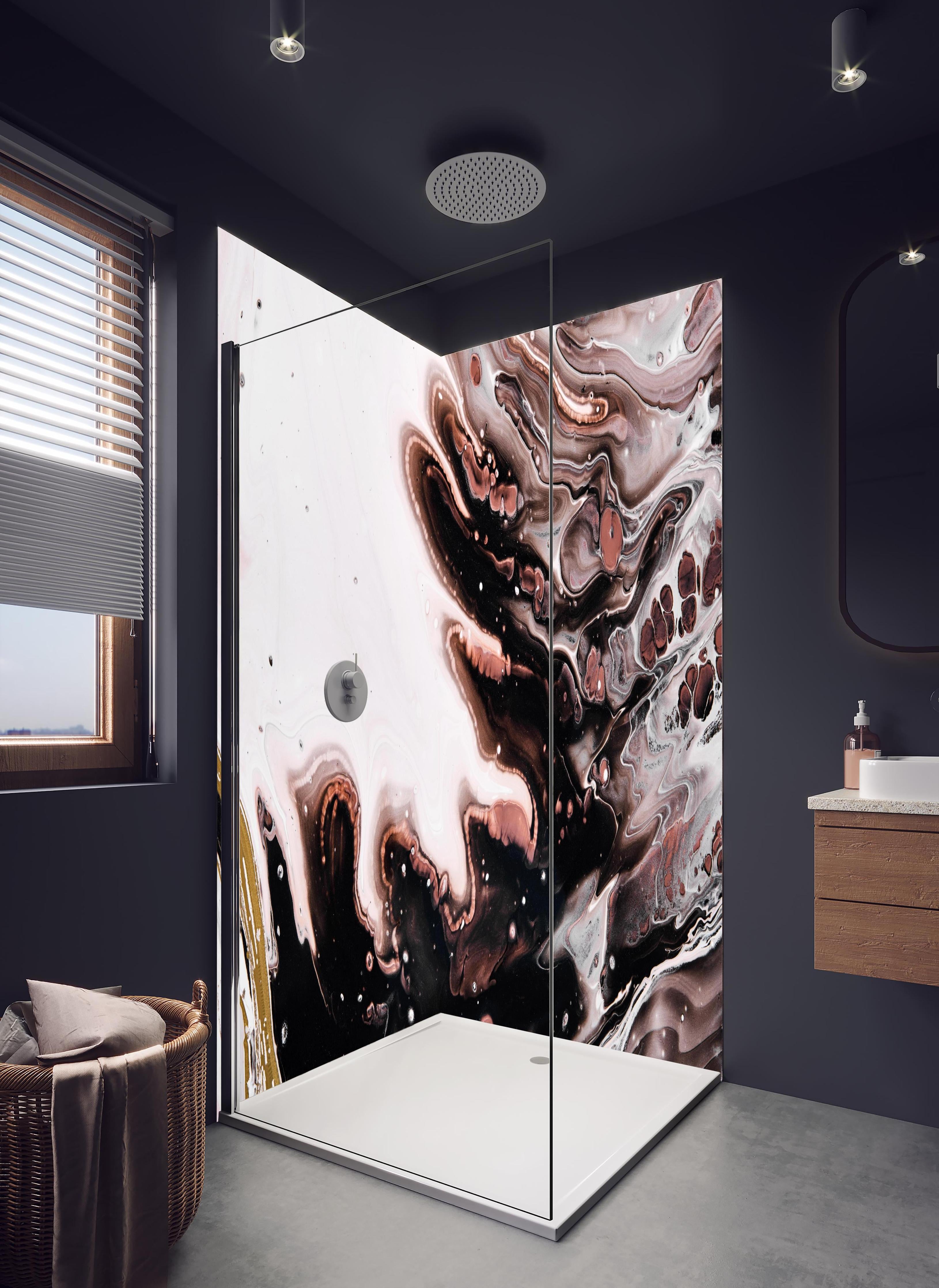 Duschrückwand - Acryl Flüssigkunst - Dunkle Farben in hellem Badezimmer mit Regenduschkopf - zweiteilige Eck-Duschrückwand