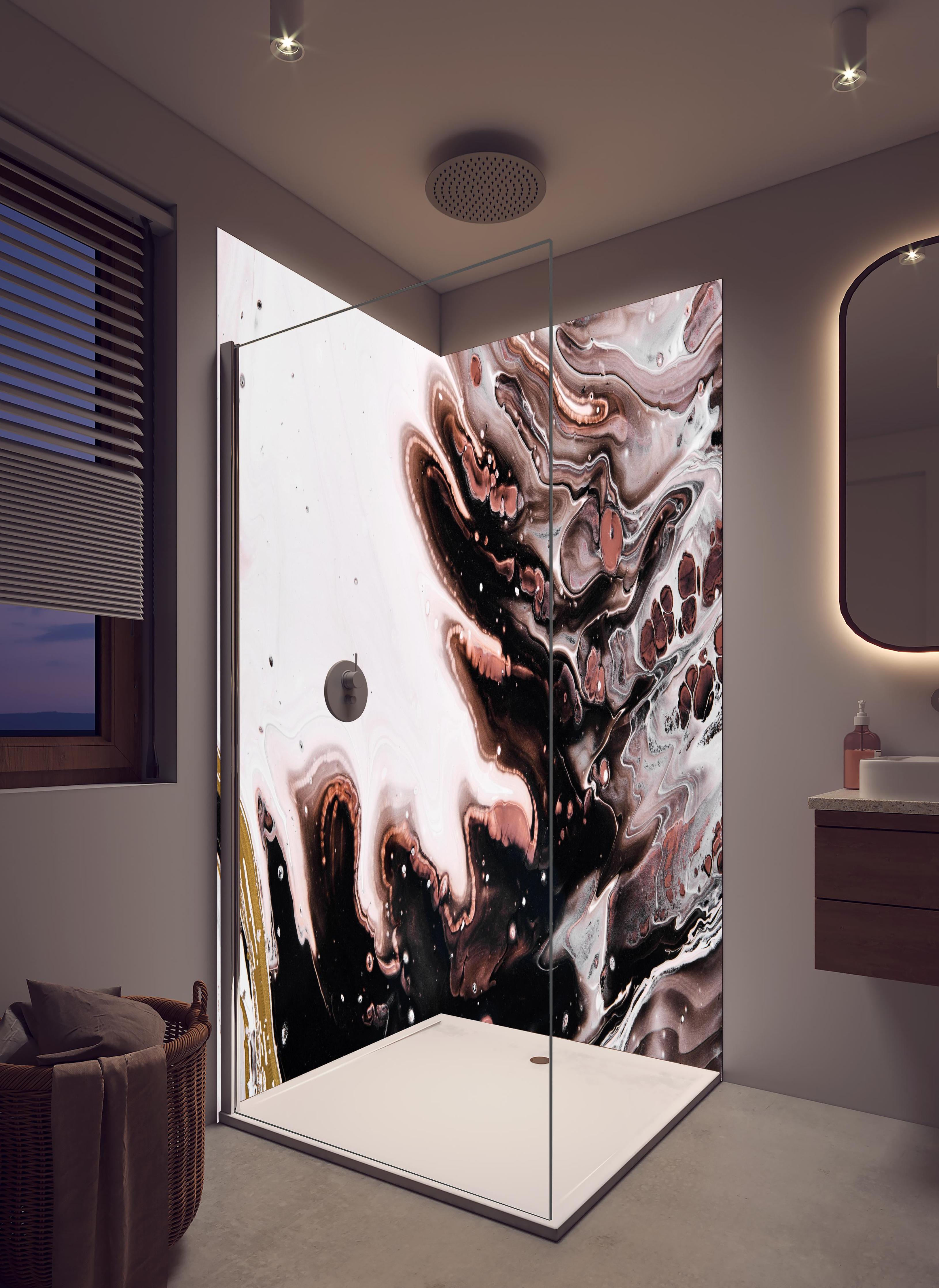 Duschrückwand - Acryl Flüssigkunst - Dunkle Farben in hellem Badezimmer mit Regenduschkopf - zweiteilige Eck-Duschrückwand
