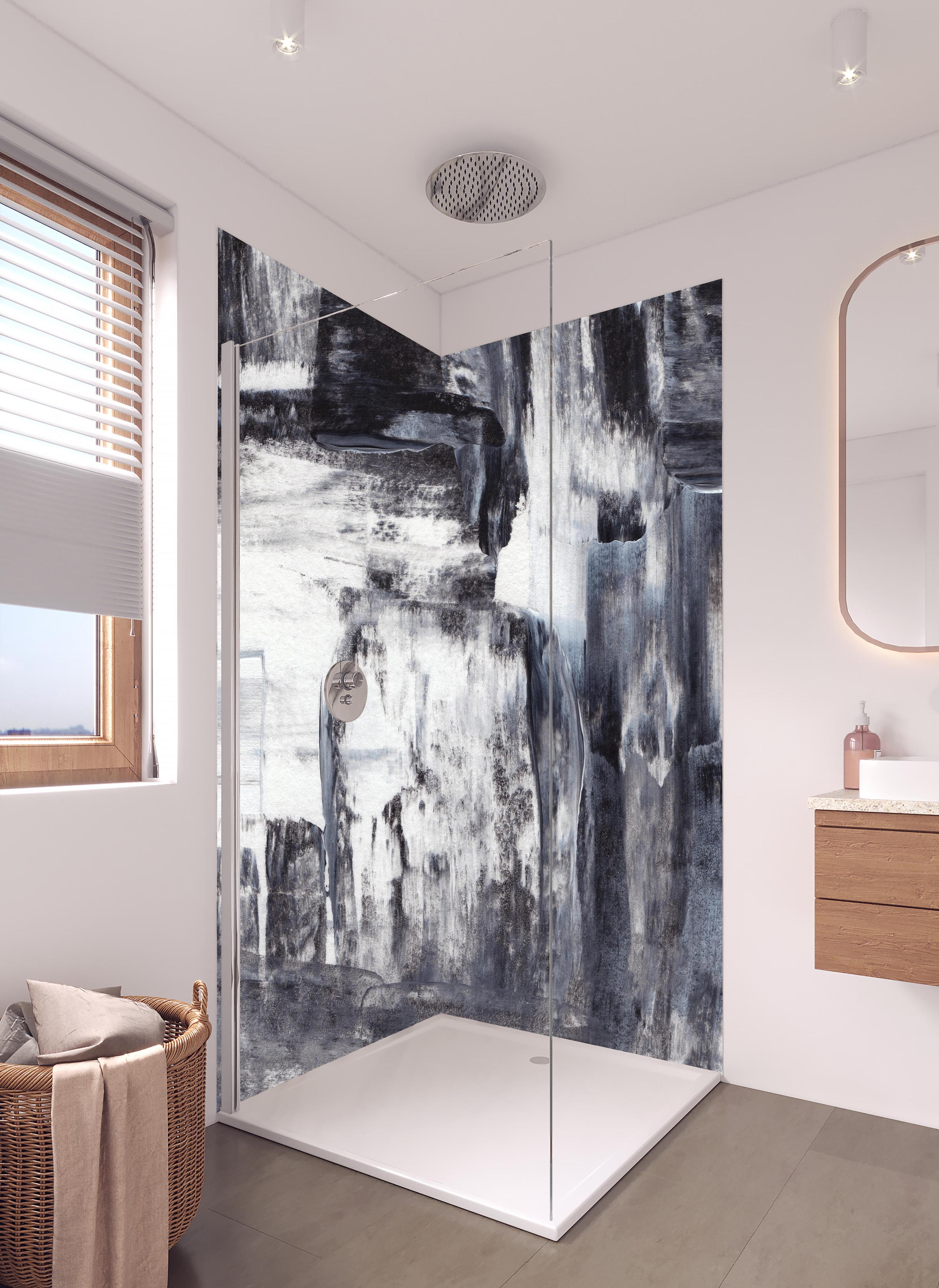 Duschrückwand - Acryl Gemälde - Schwarz-weiß in hellem Badezimmer mit Regenduschkopf - zweiteilige Eck-Duschrückwand