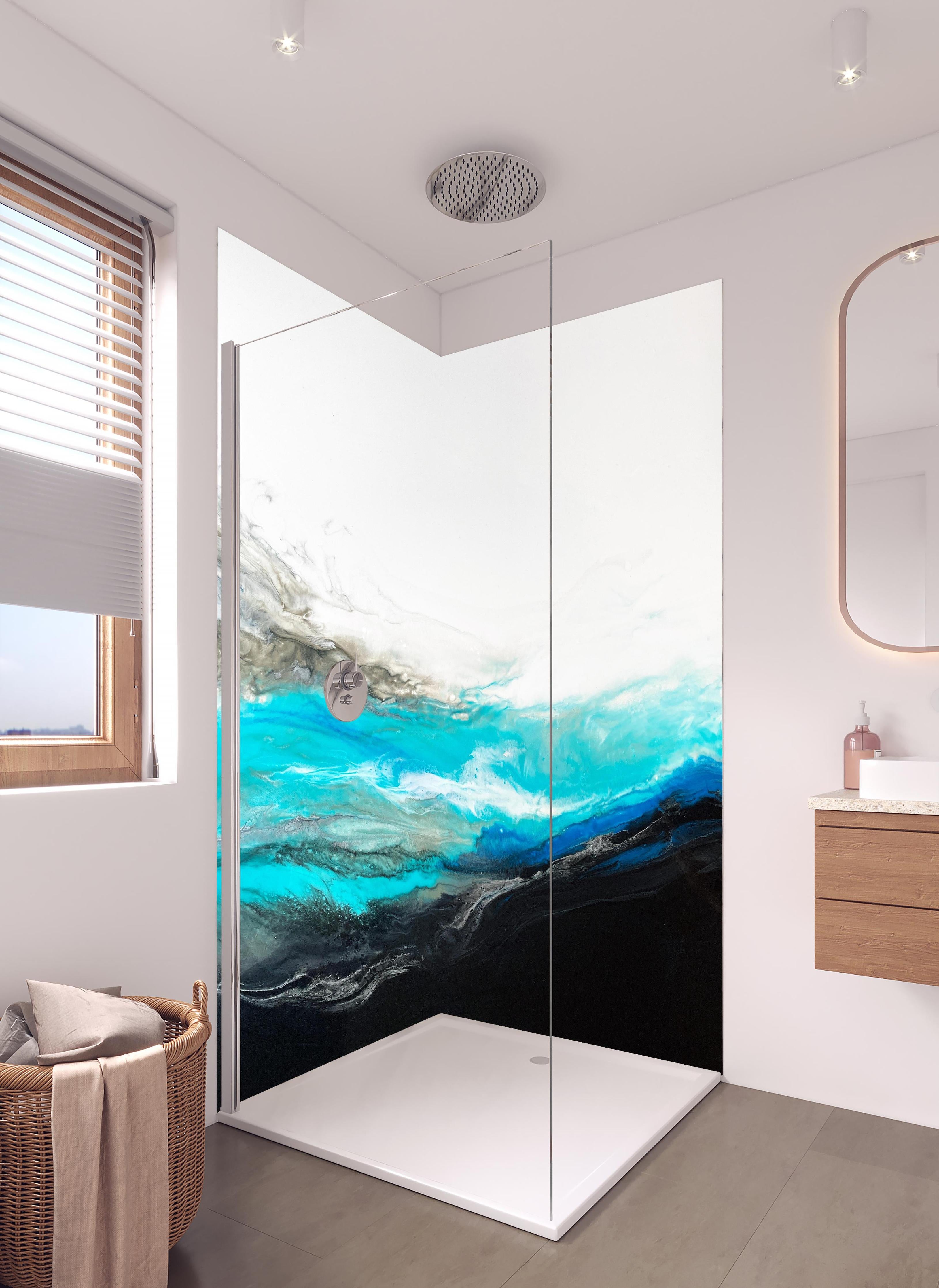 Duschrückwand - Acryl Gemälde - Wellen in hellem Badezimmer mit Regenduschkopf - zweiteilige Eck-Duschrückwand