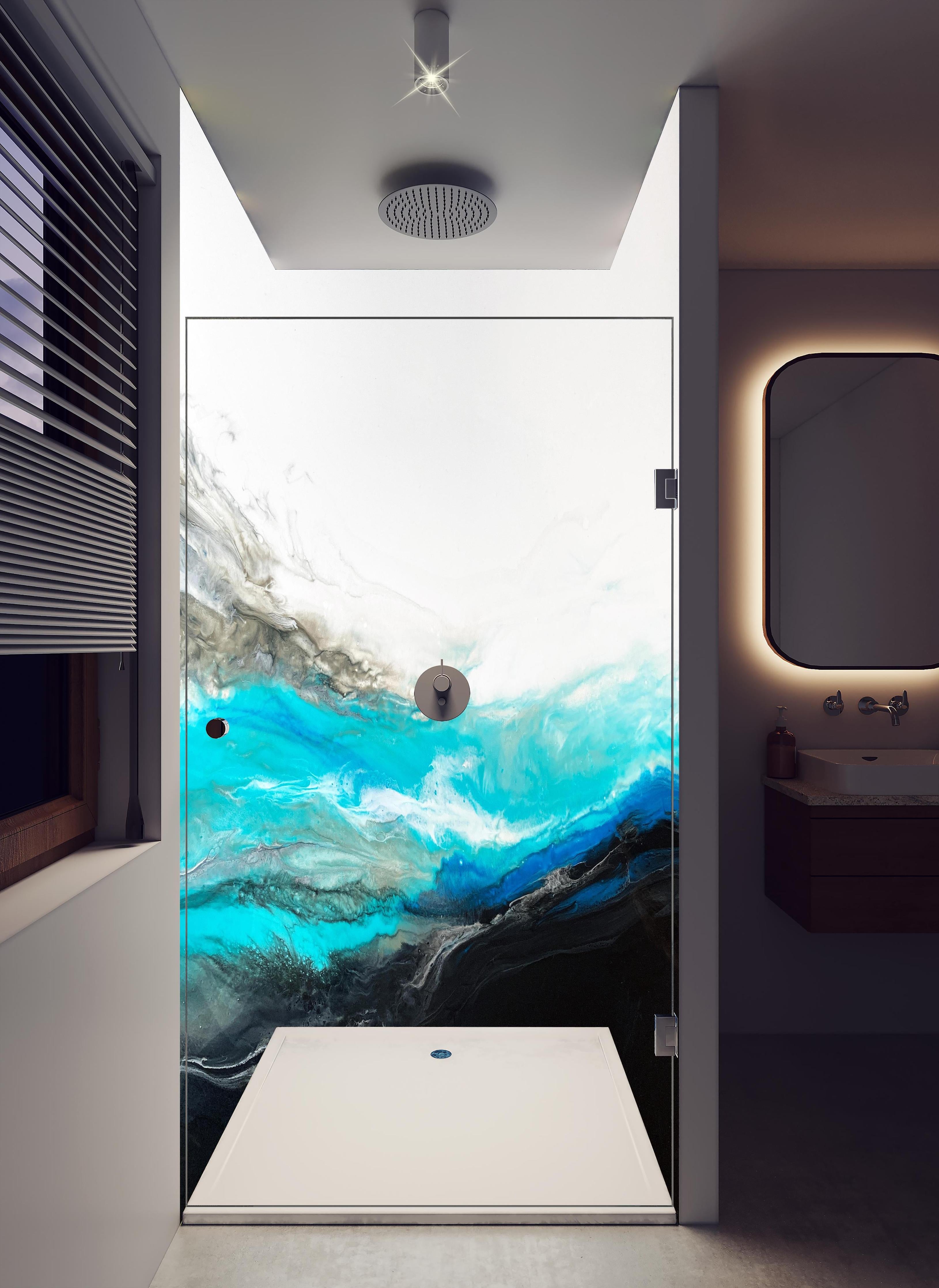 Duschrückwand - Acryl Gemälde - Wellen in hellem Badezimmer mit Regenduschkopf - zweiteilige Eck-Duschrückwand