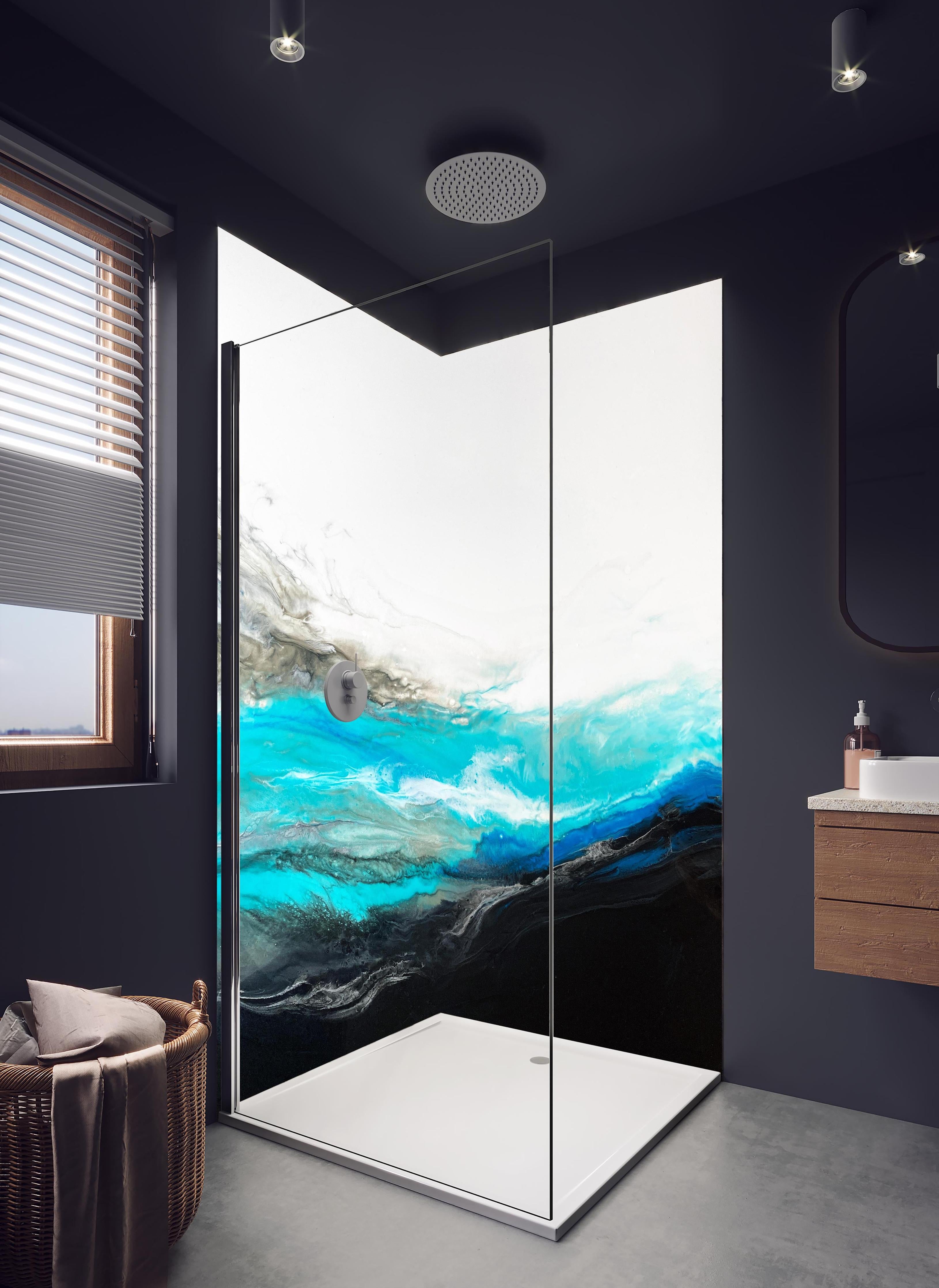 Duschrückwand - Acryl Gemälde - Wellen in hellem Badezimmer mit Regenduschkopf - zweiteilige Eck-Duschrückwand