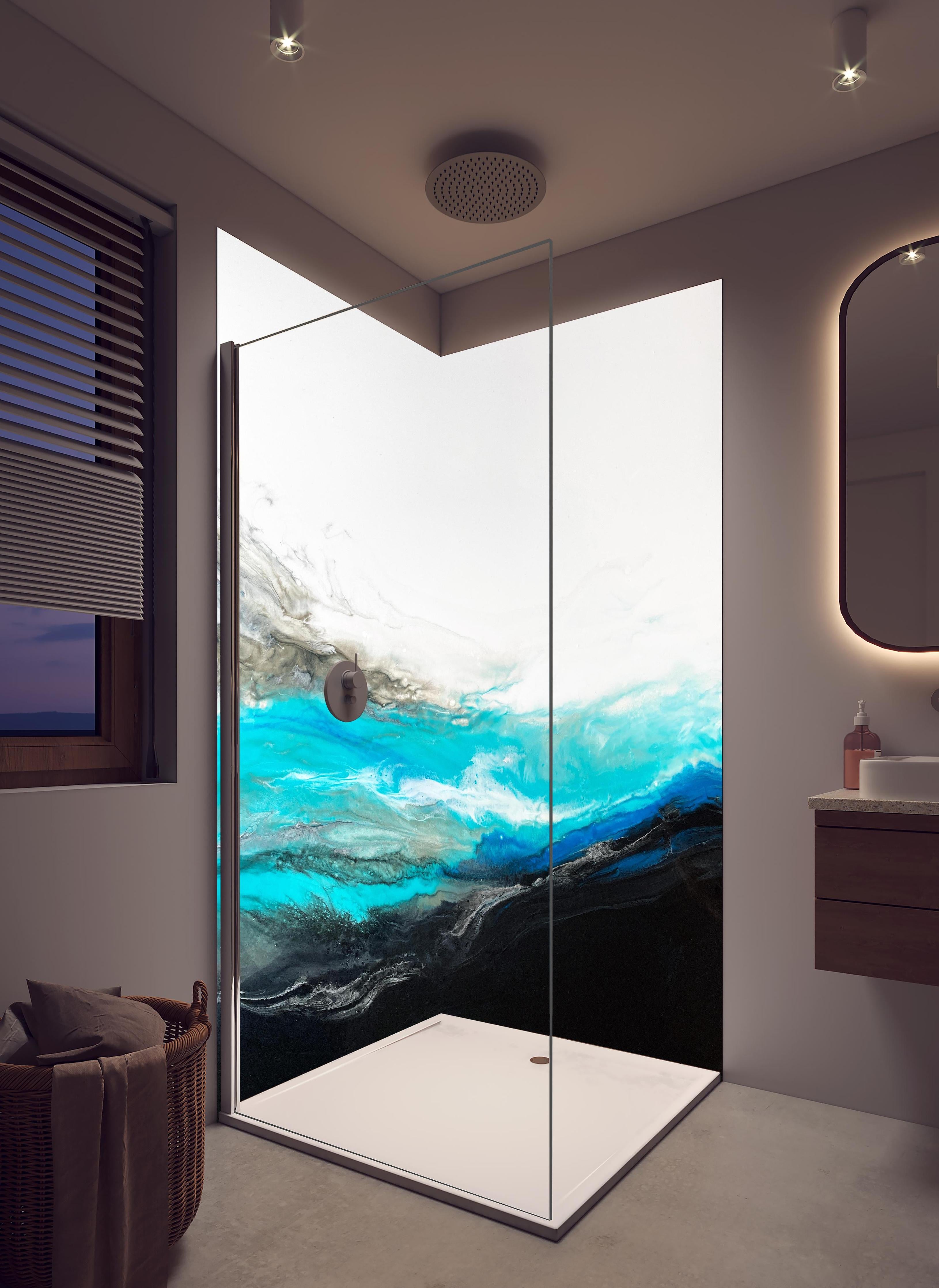 Duschrückwand - Acryl Gemälde - Wellen in hellem Badezimmer mit Regenduschkopf - zweiteilige Eck-Duschrückwand