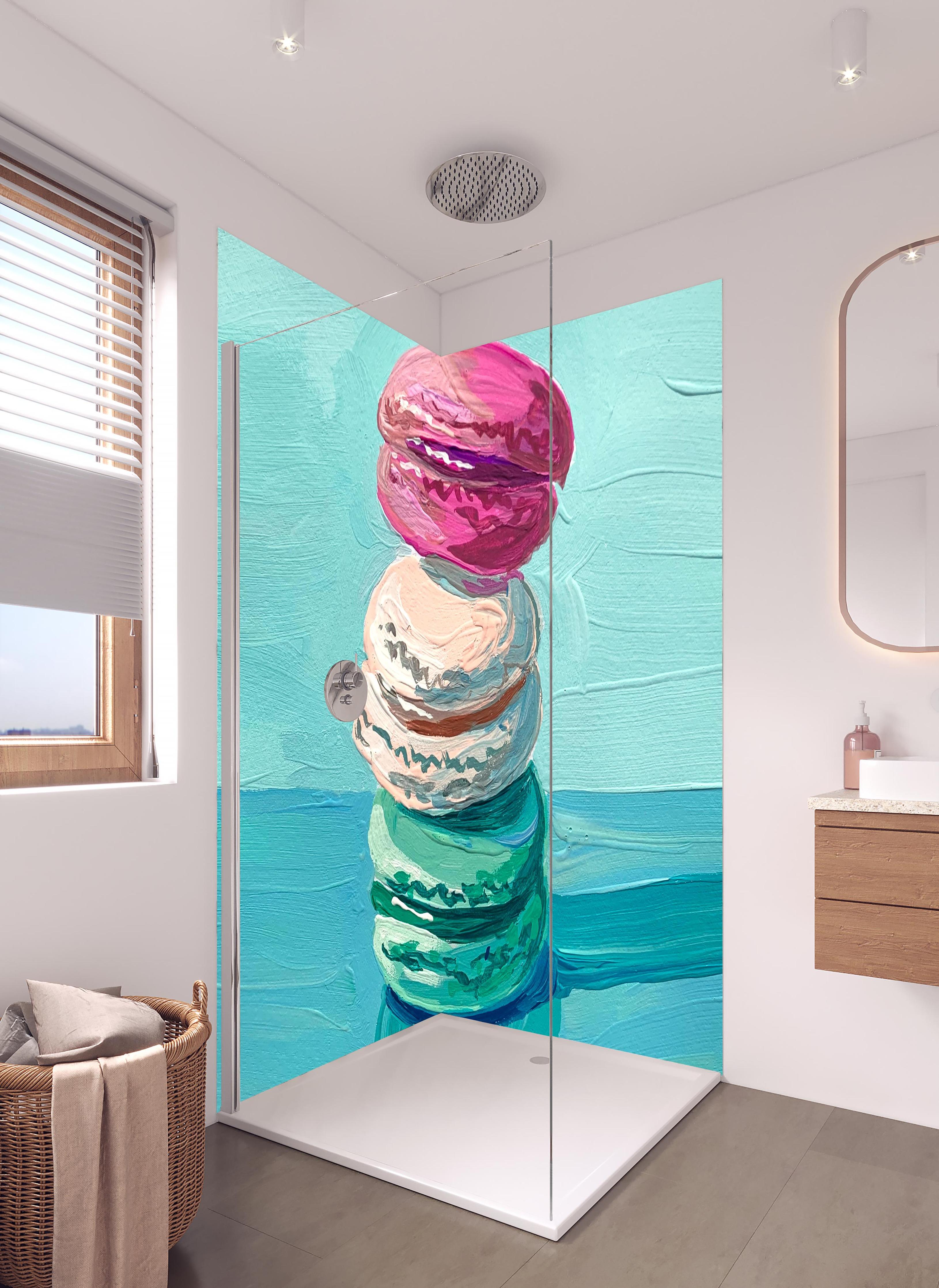 Duschrückwand - Acryl Macarons - Bunt in hellem Badezimmer mit Regenduschkopf - zweiteilige Eck-Duschrückwand