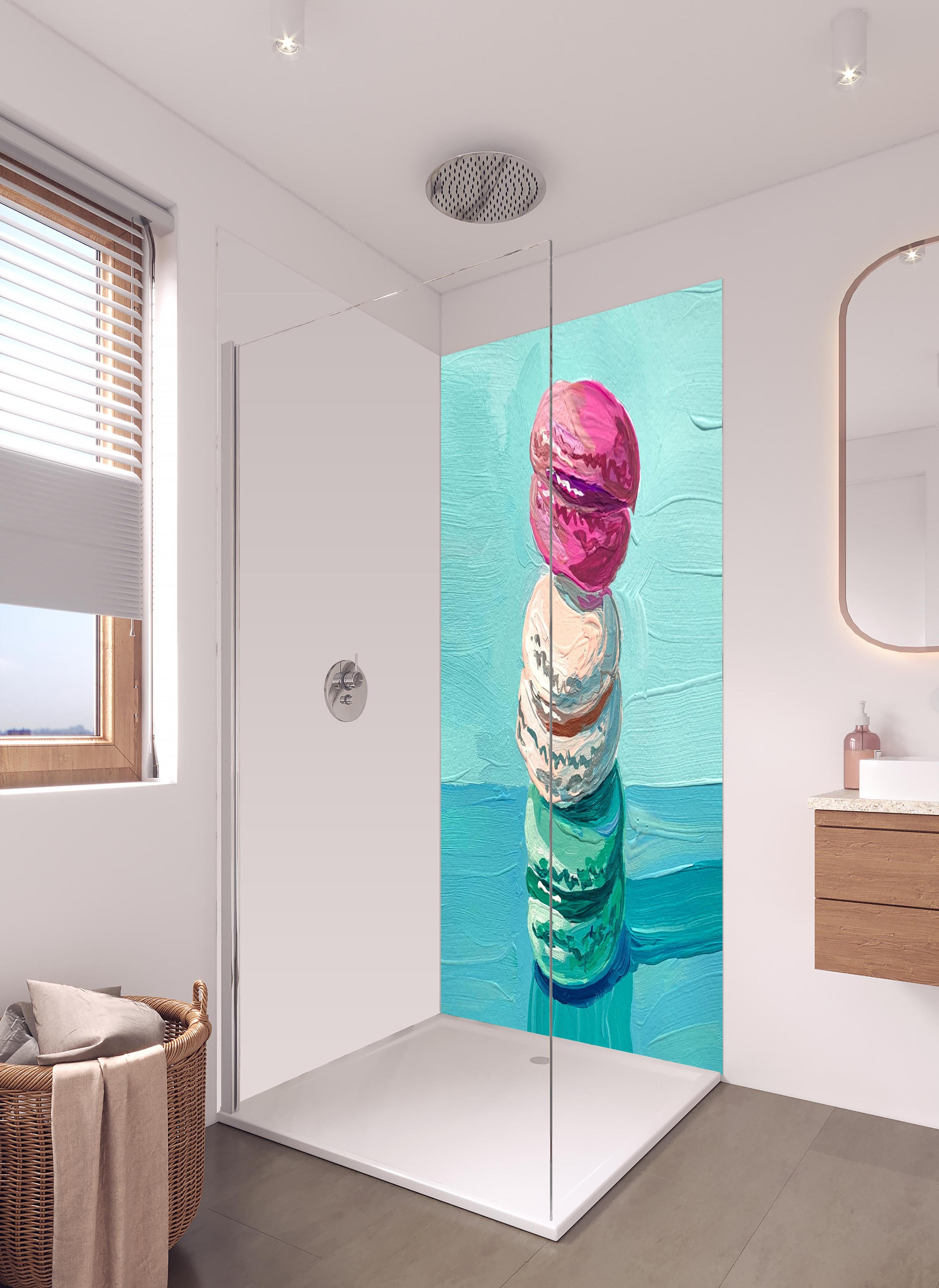 Duschrückwand - Acryl Macarons - Bunt in hellem Badezimmer mit Regenduschkopf - zweiteilige Eck-Duschrückwand