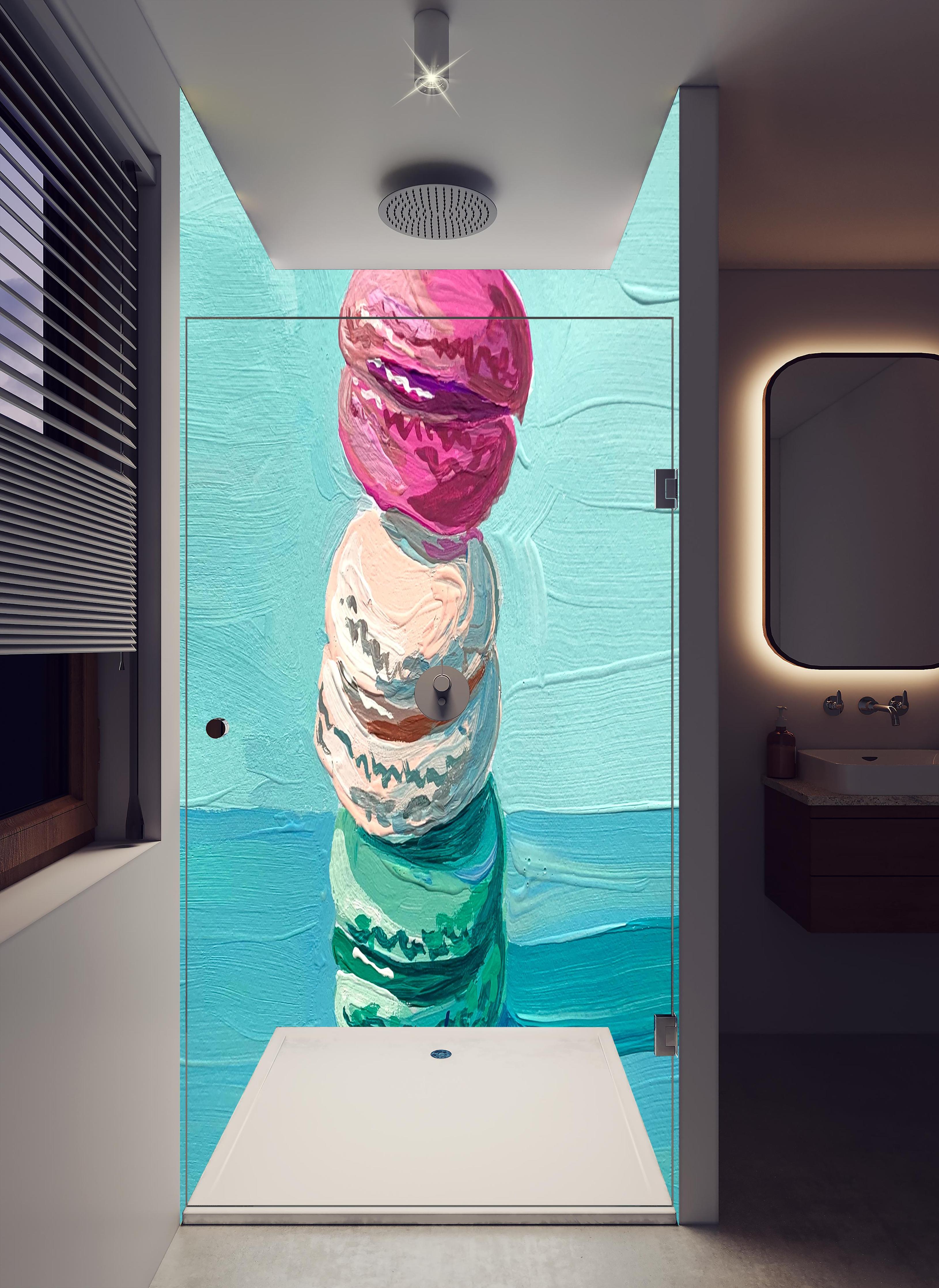 Duschrückwand - Acryl Macarons - Bunt in hellem Badezimmer mit Regenduschkopf - zweiteilige Eck-Duschrückwand