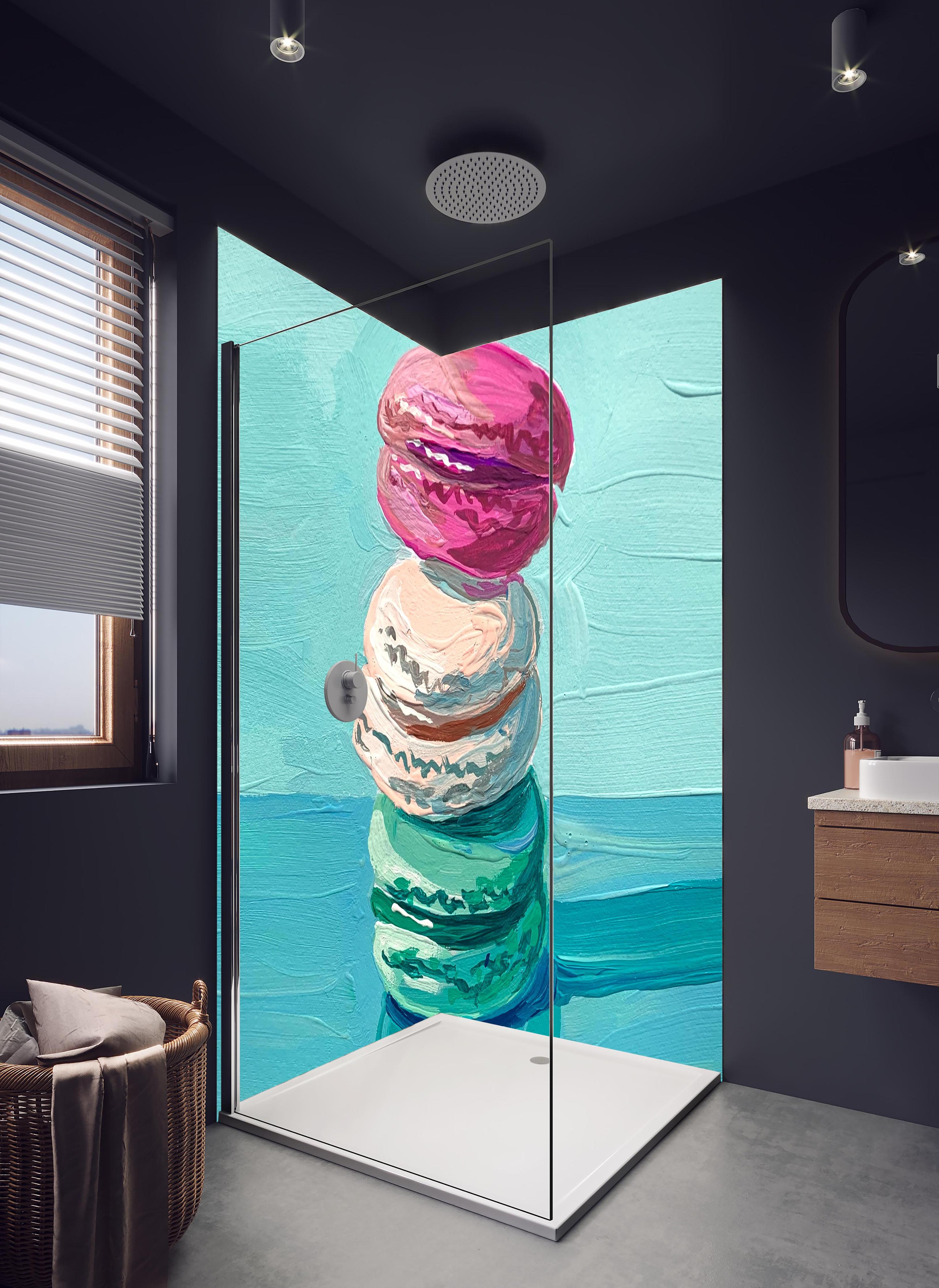 Duschrückwand - Acryl Macarons - Bunt in hellem Badezimmer mit Regenduschkopf - zweiteilige Eck-Duschrückwand
