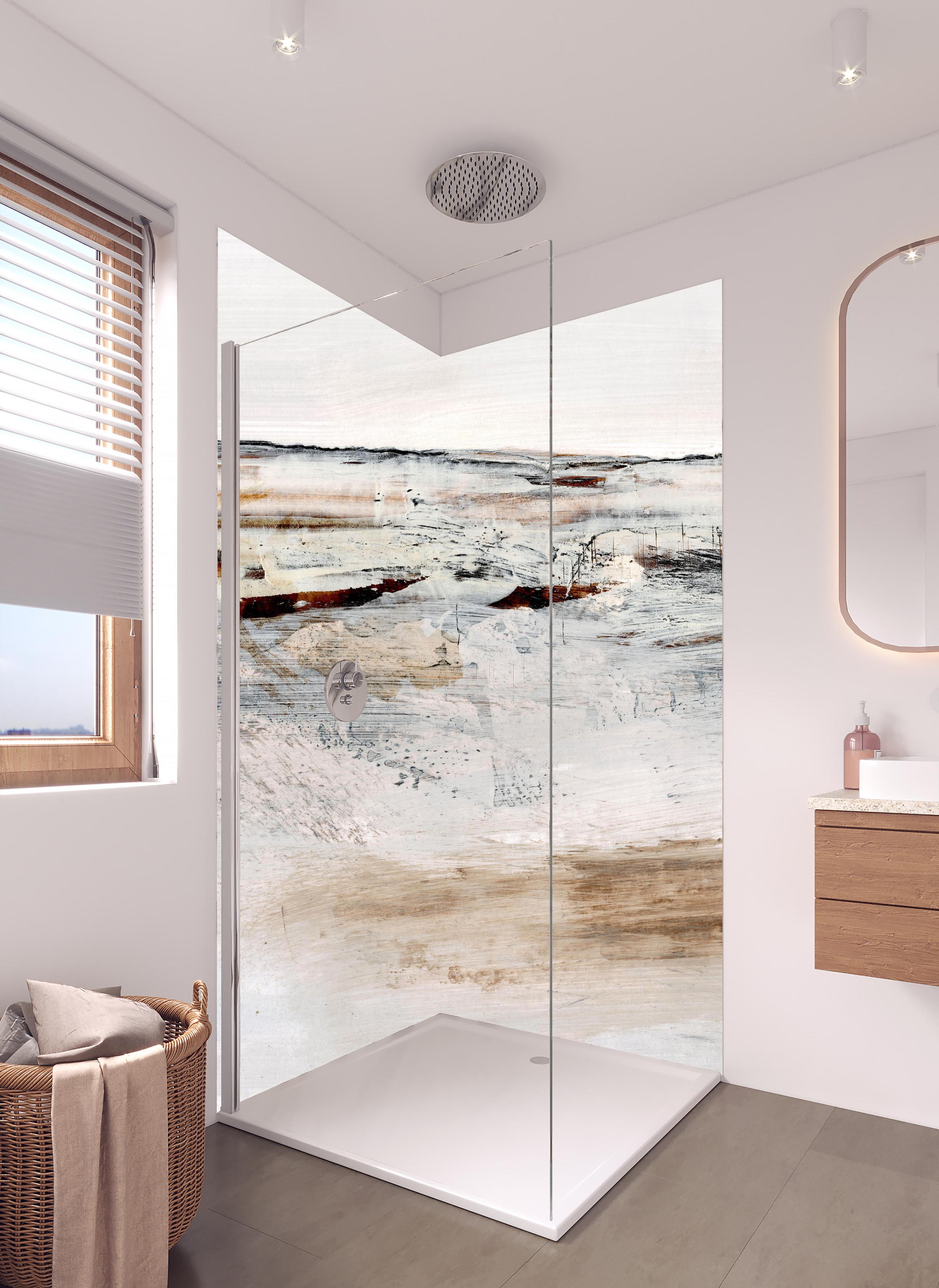 Duschrückwand - Acryl Zeichnung - Abstrakt in hellem Badezimmer mit Regenduschkopf - zweiteilige Eck-Duschrückwand