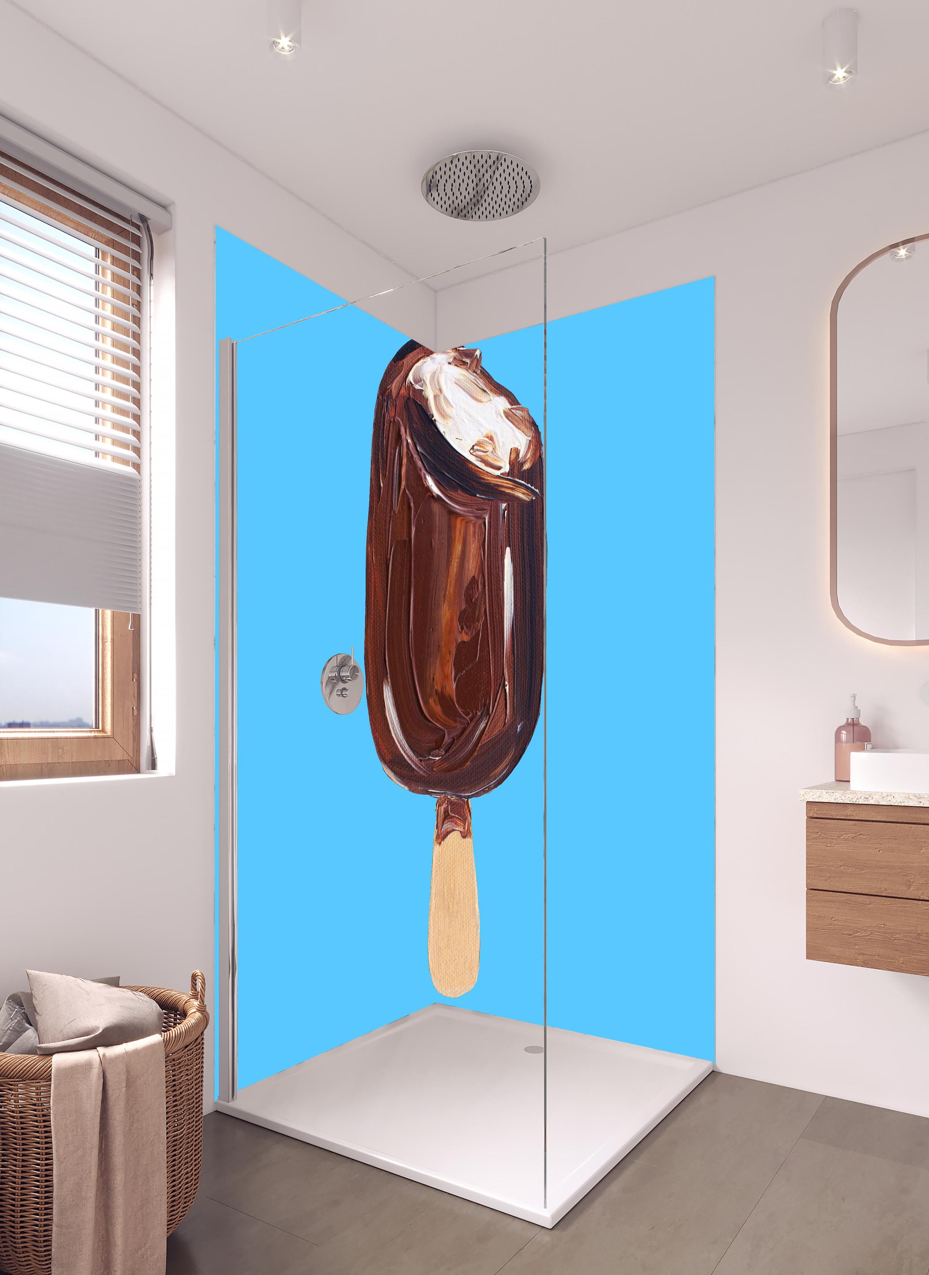 Duschrückwand - Acryl Zeichnung - Eis in hellem Badezimmer mit Regenduschkopf - zweiteilige Eck-Duschrückwand