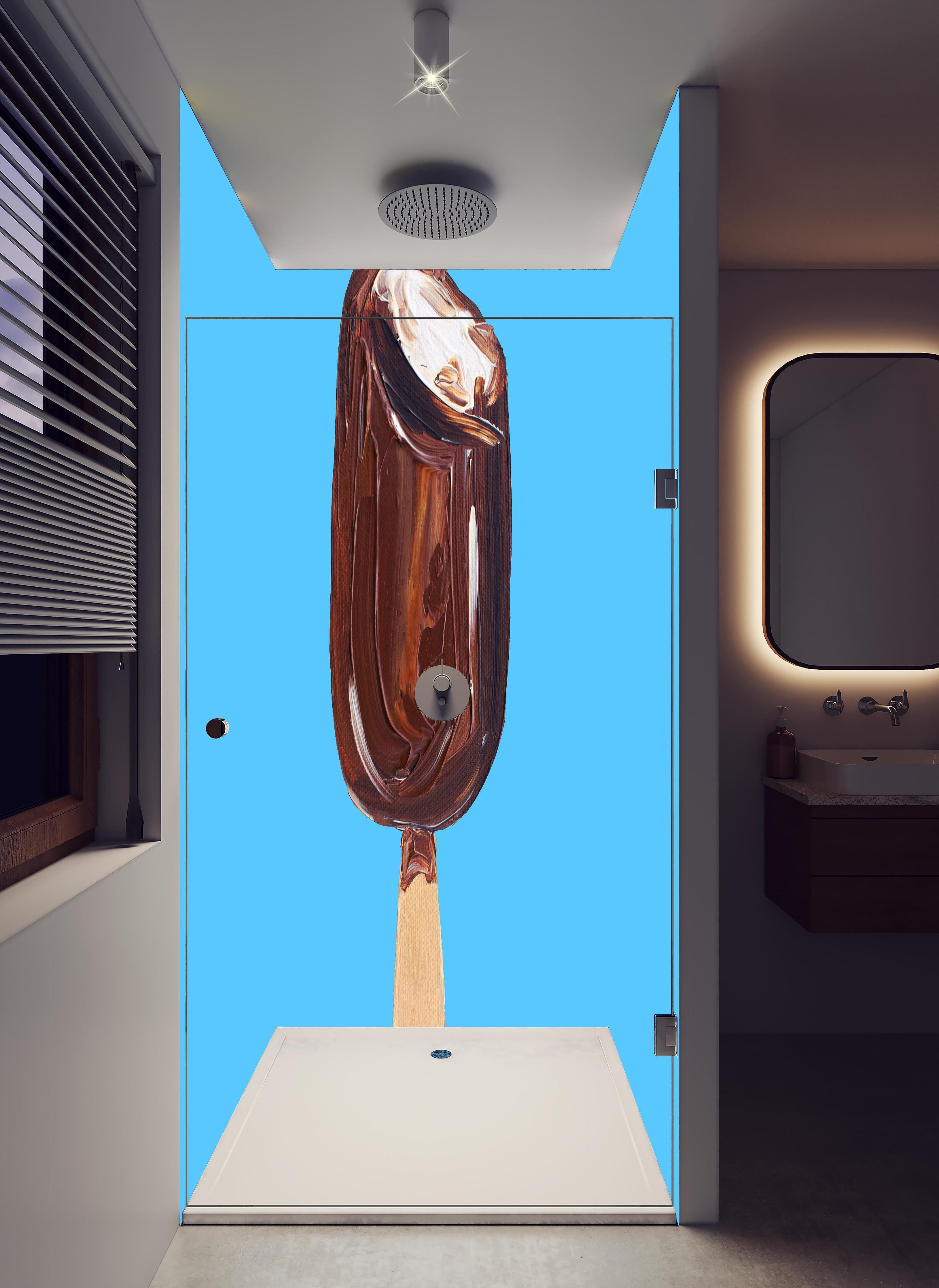 Duschrückwand - Acryl Zeichnung - Eis in hellem Badezimmer mit Regenduschkopf - zweiteilige Eck-Duschrückwand