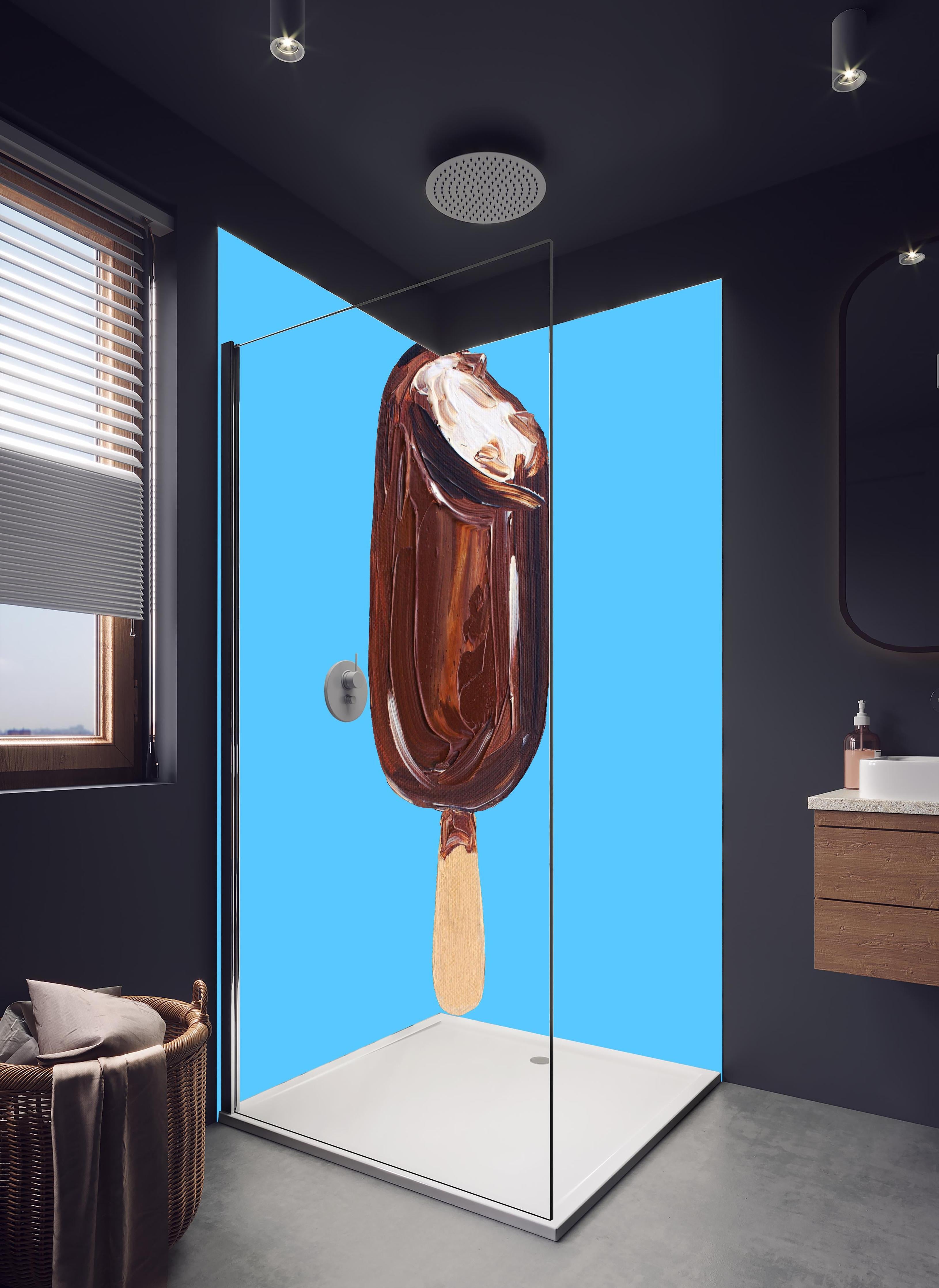 Duschrückwand - Acryl Zeichnung - Eis in hellem Badezimmer mit Regenduschkopf - zweiteilige Eck-Duschrückwand