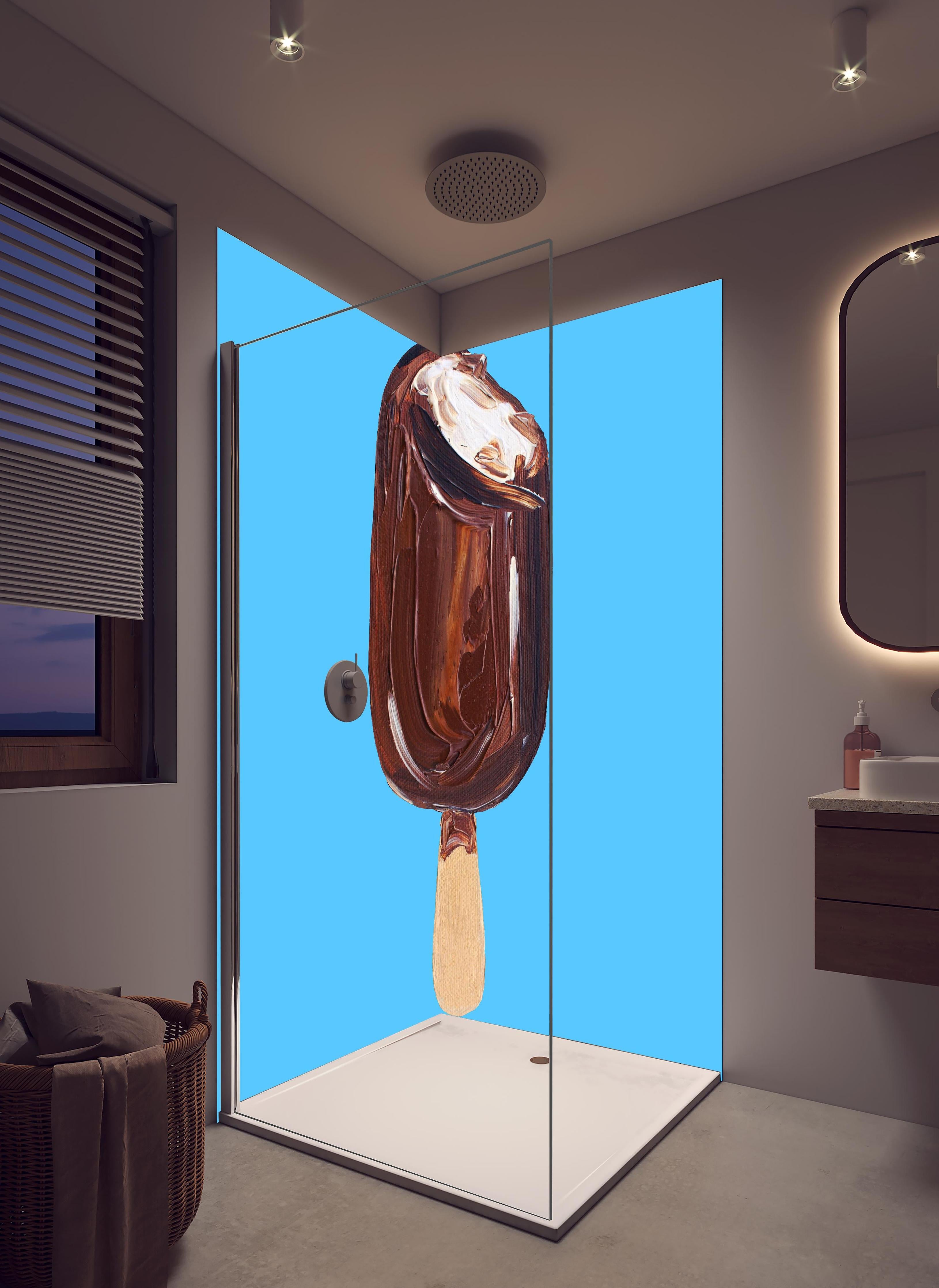 Duschrückwand - Acryl Zeichnung - Eis in hellem Badezimmer mit Regenduschkopf - zweiteilige Eck-Duschrückwand
